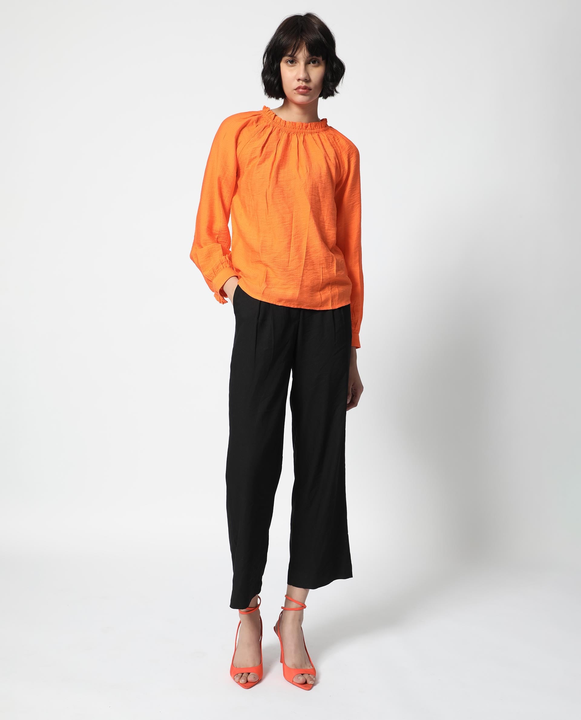 Women'S Harof Dark Orange Poly Viscose Fabric Full Sleeves High Neck Balloon Sleeve Regular Fit Plain Top