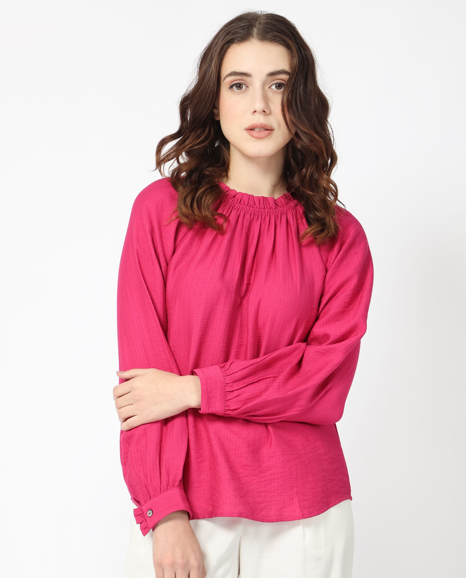 Women'S Harof Dark Pink Polyester Fabric Regular Fit High Neck Full Sleeves Solid Top