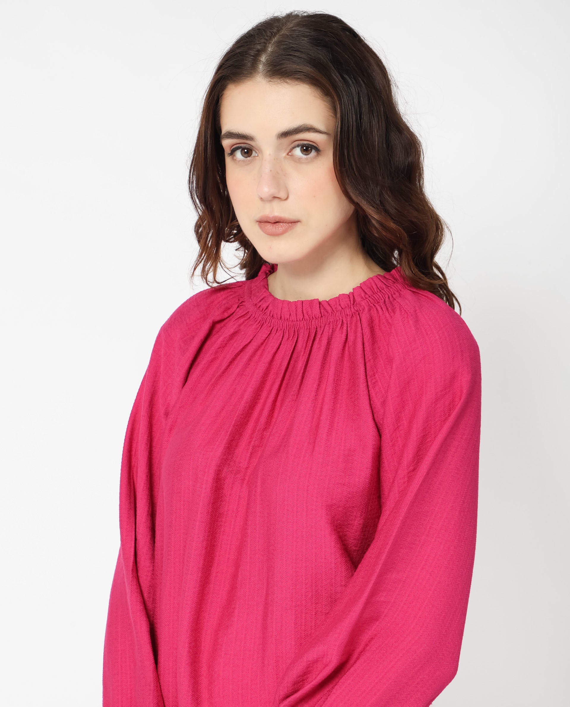 Women'S Harof Dark Pink Polyester Fabric Regular Fit High Neck Full Sleeves Solid Top