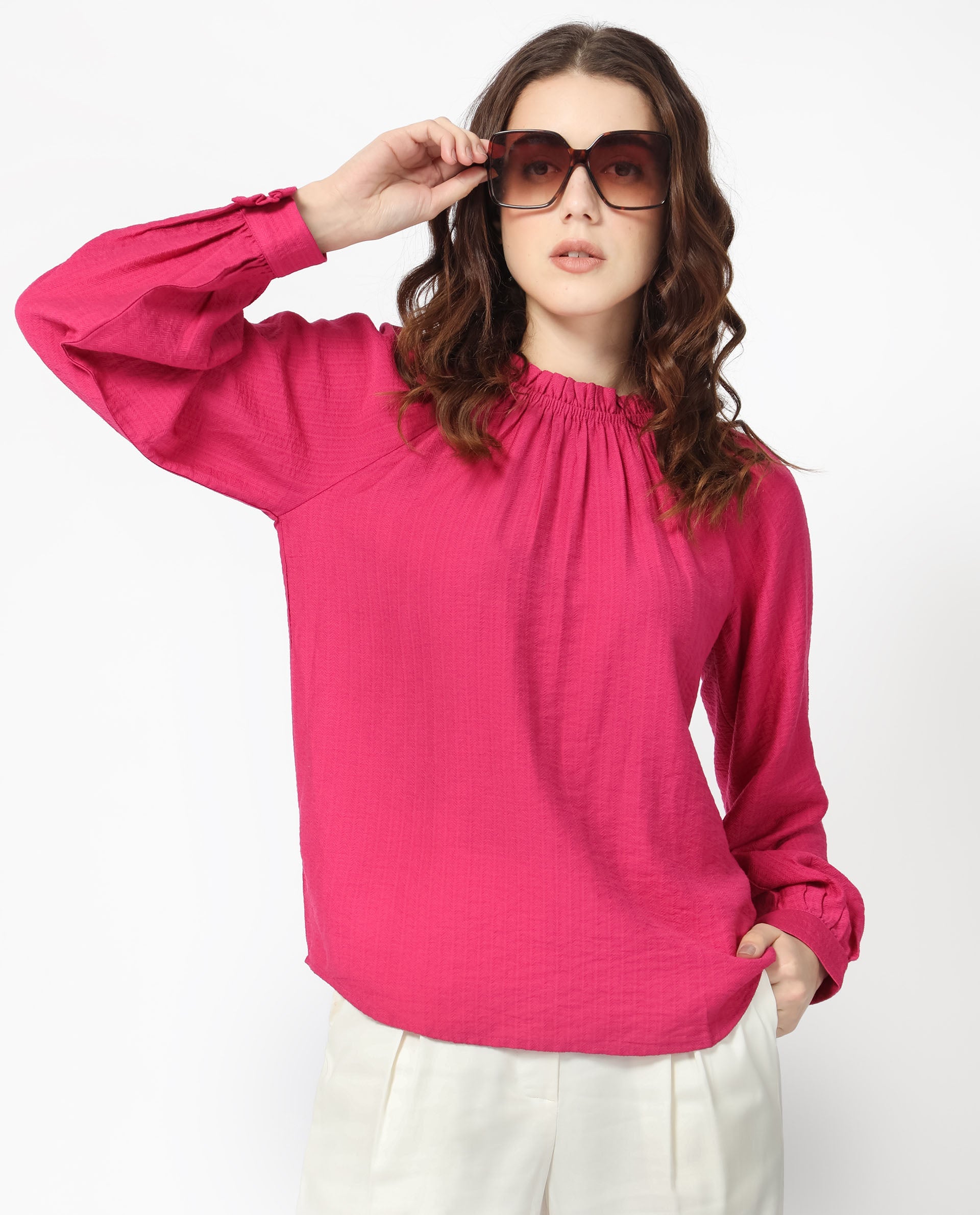 Women'S Harof Dark Pink Polyester Fabric Regular Fit High Neck Full Sleeves Solid Top