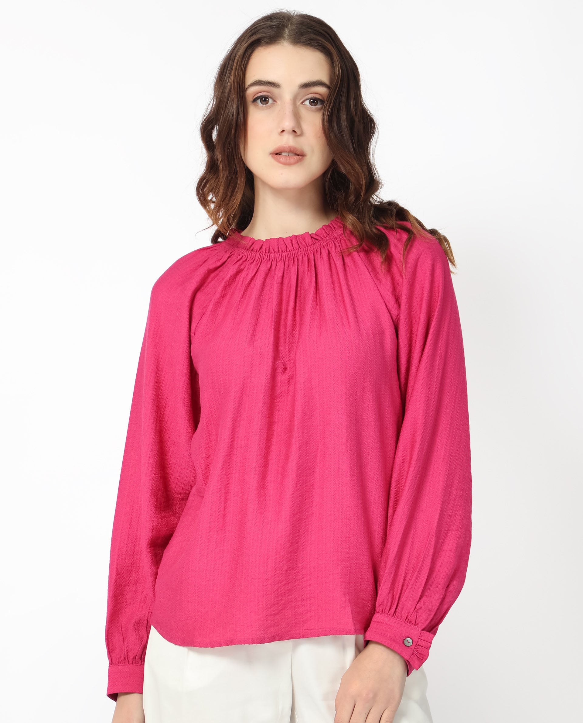 Women'S Harof Dark Pink Polyester Fabric Regular Fit High Neck Full Sleeves Solid Top