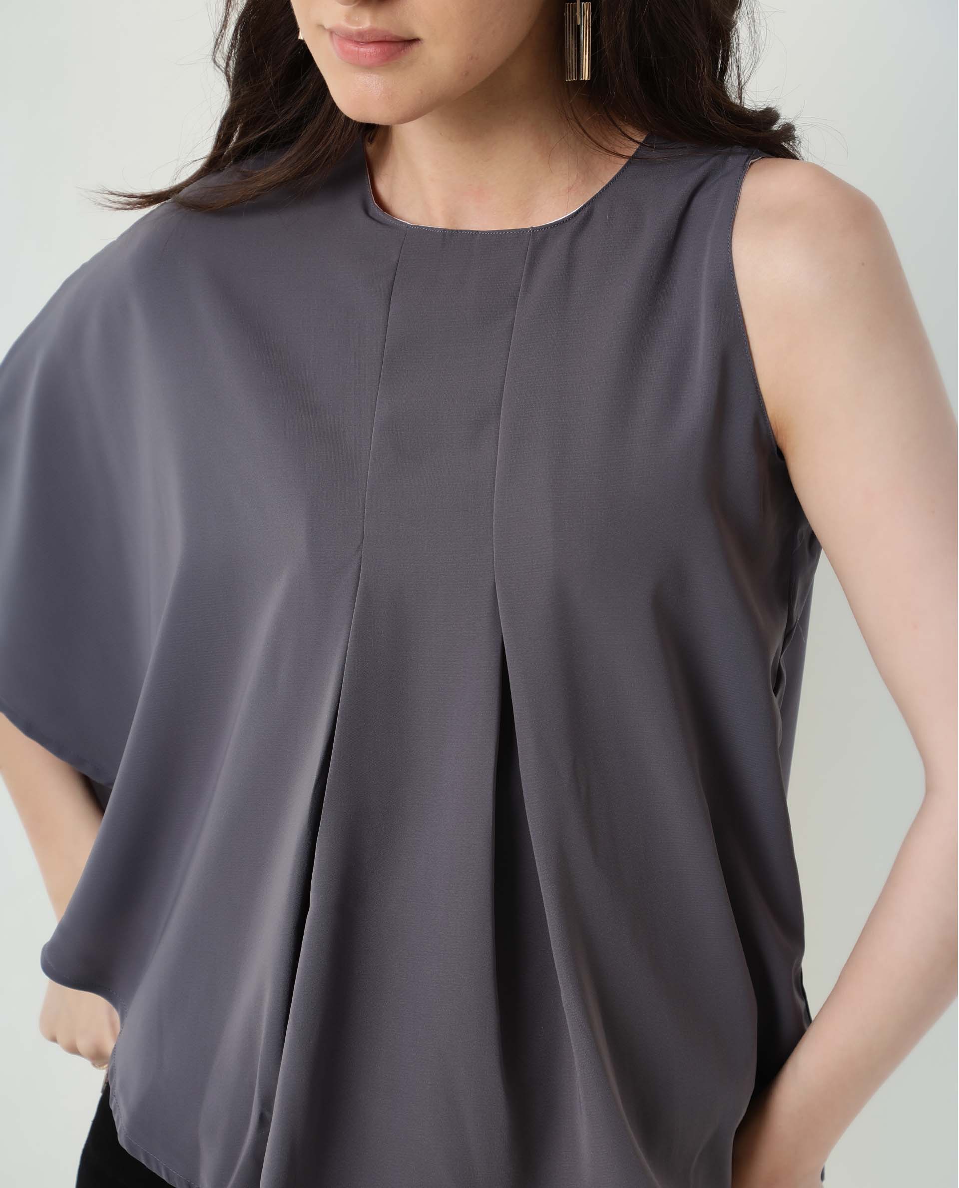 Womens Hudy Grey Top Polyester Fabric Relaxed Fit Flared Sleeve Round Neck