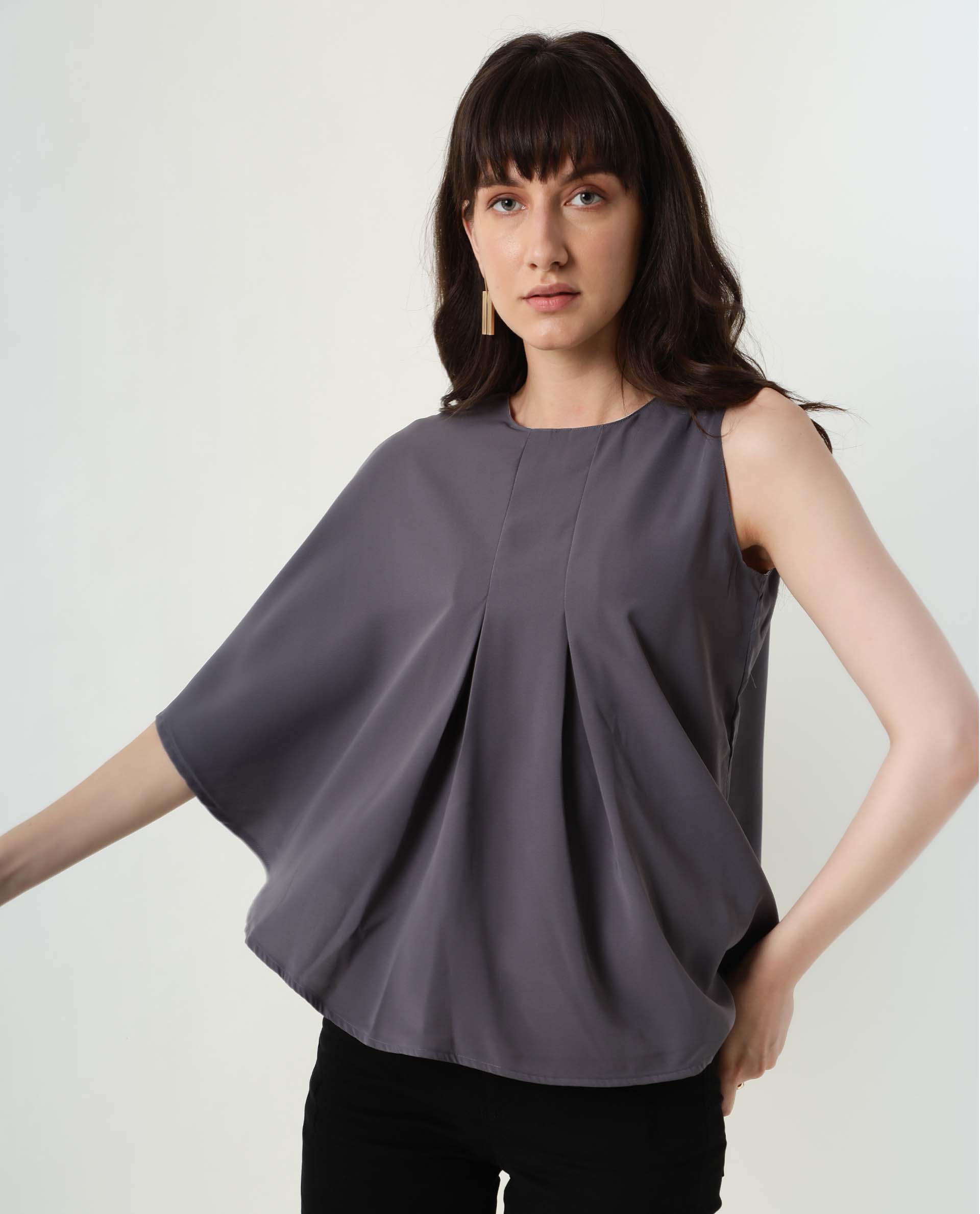 Womens Hudy Grey Top Polyester Fabric Relaxed Fit Flared Sleeve Round Neck