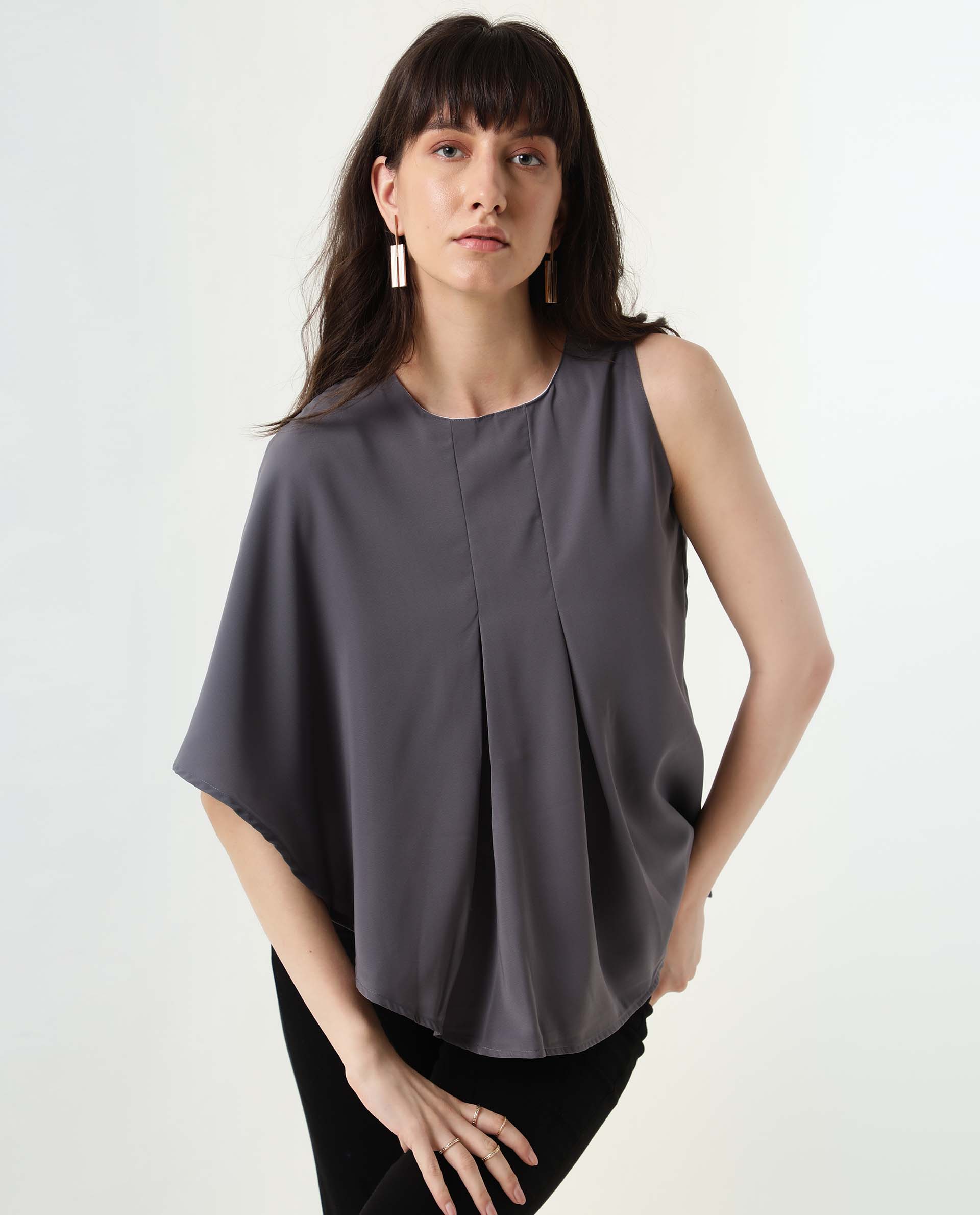 Womens Hudy Grey Top Polyester Fabric Relaxed Fit Flared Sleeve Round Neck