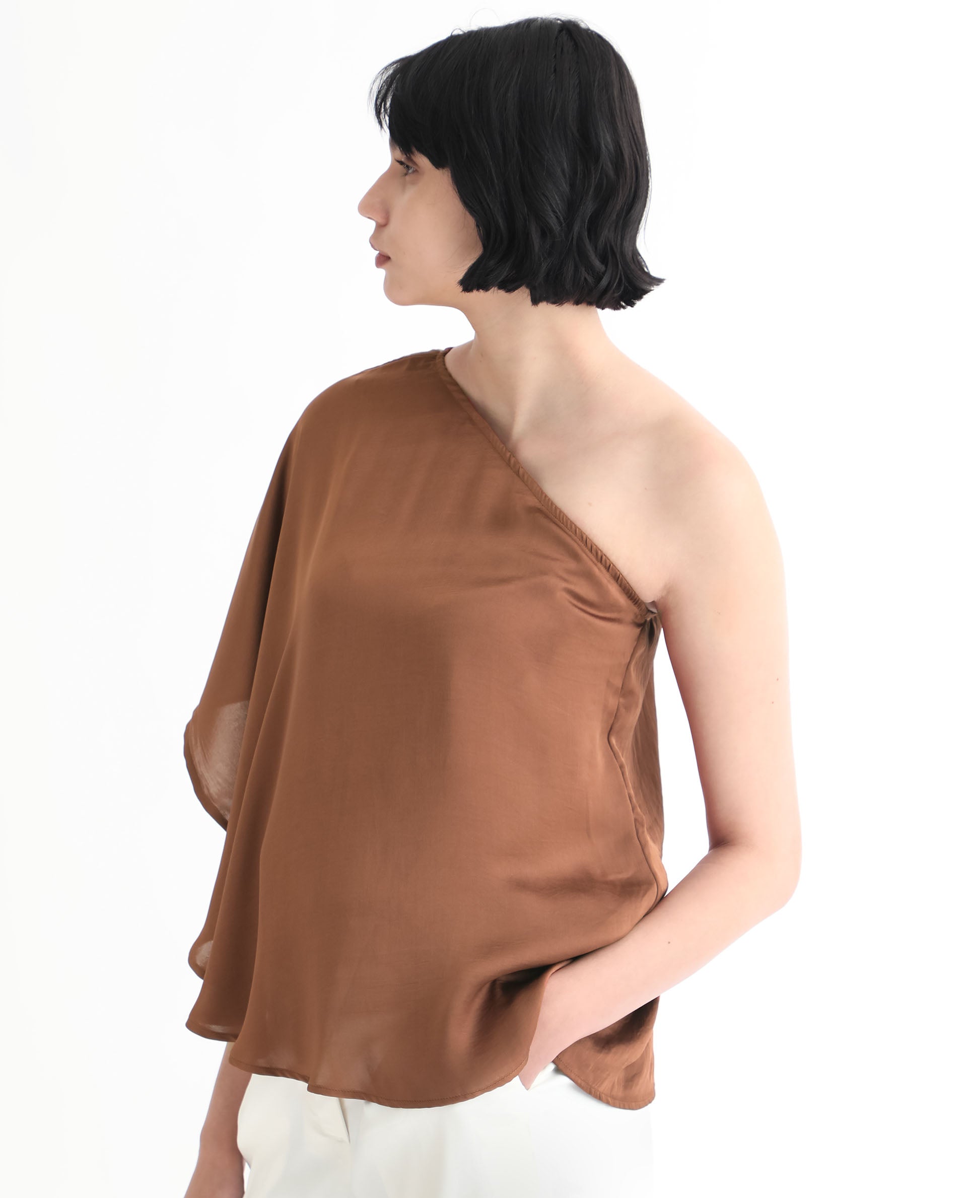 Women'S Ibis Dark Brown Polyester Fabric Off Shoulder Button Closure Flared Sleeve Regular Fit Plain Top