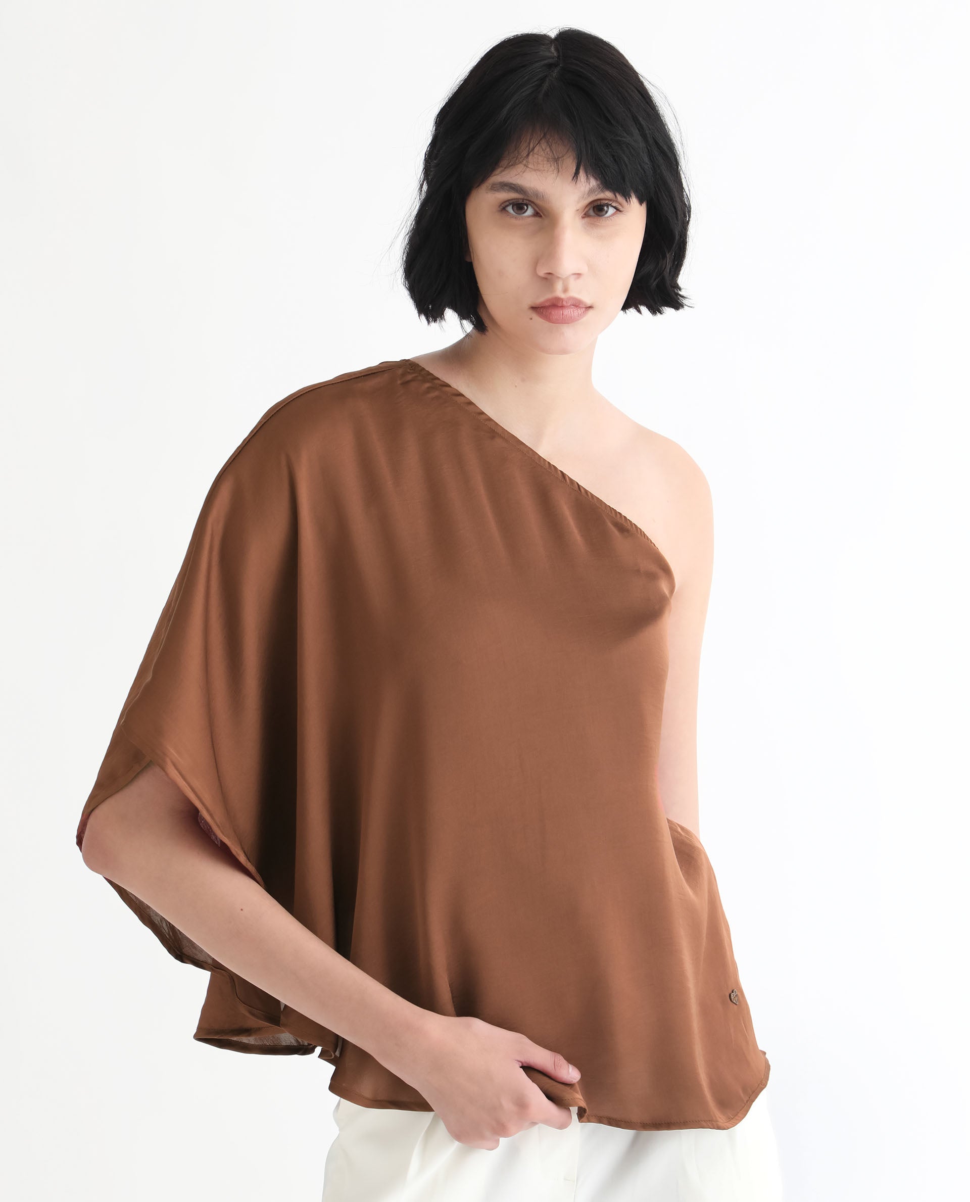 Women'S Ibis Dark Brown Polyester Fabric Off Shoulder Button Closure Flared Sleeve Regular Fit Plain Top