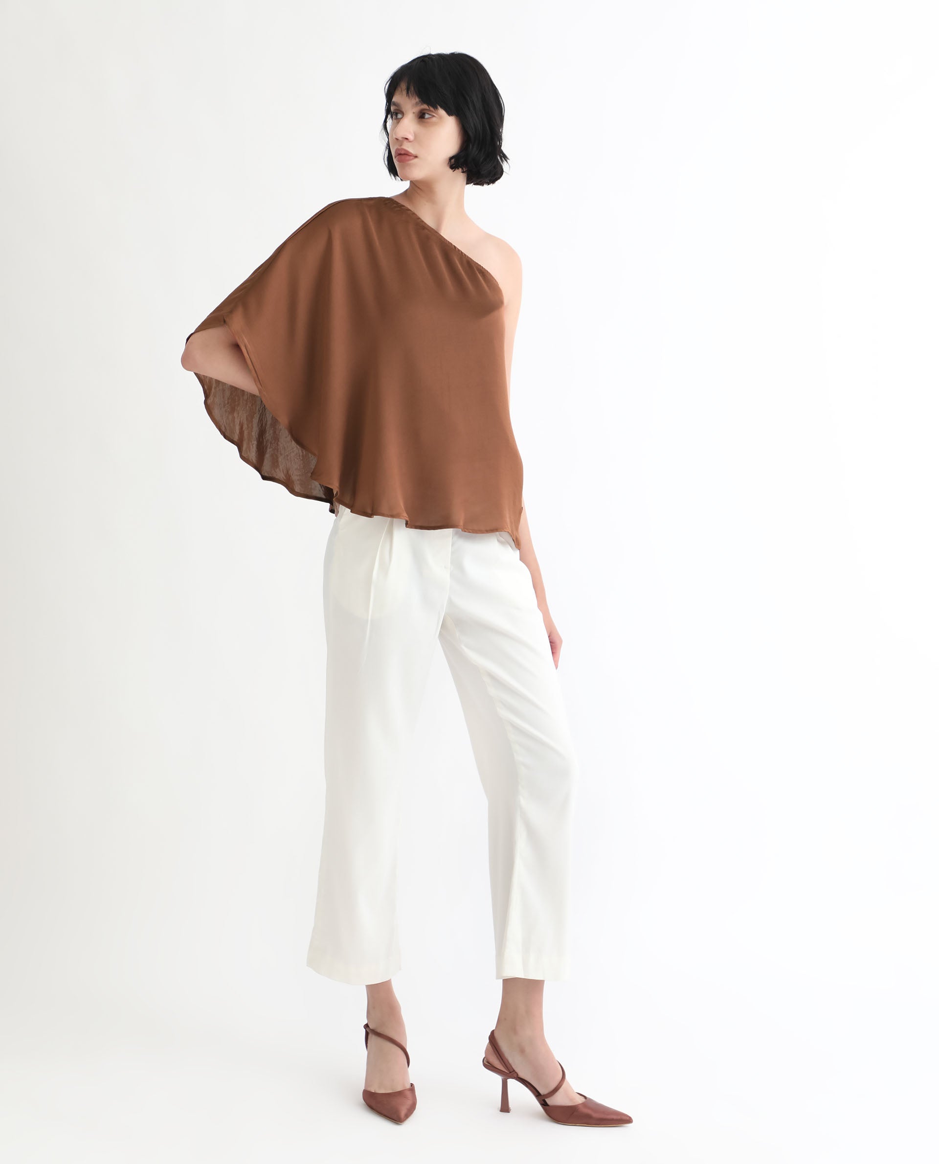 Women'S Ibis Dark Brown Polyester Fabric Off Shoulder Button Closure Flared Sleeve Regular Fit Plain Top