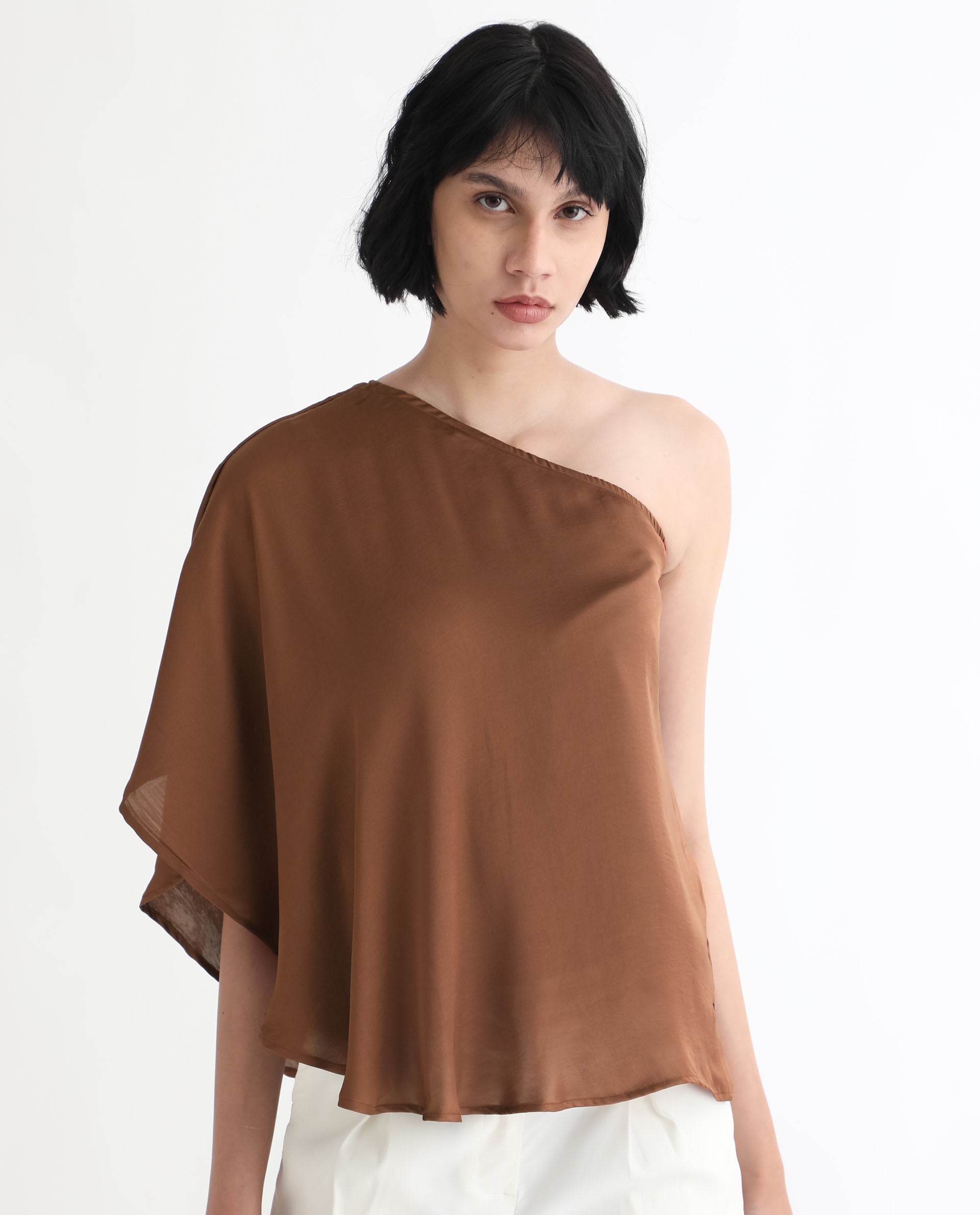 Women'S Ibis Dark Brown Polyester Fabric Off Shoulder Button Closure Flared Sleeve Regular Fit Plain Top