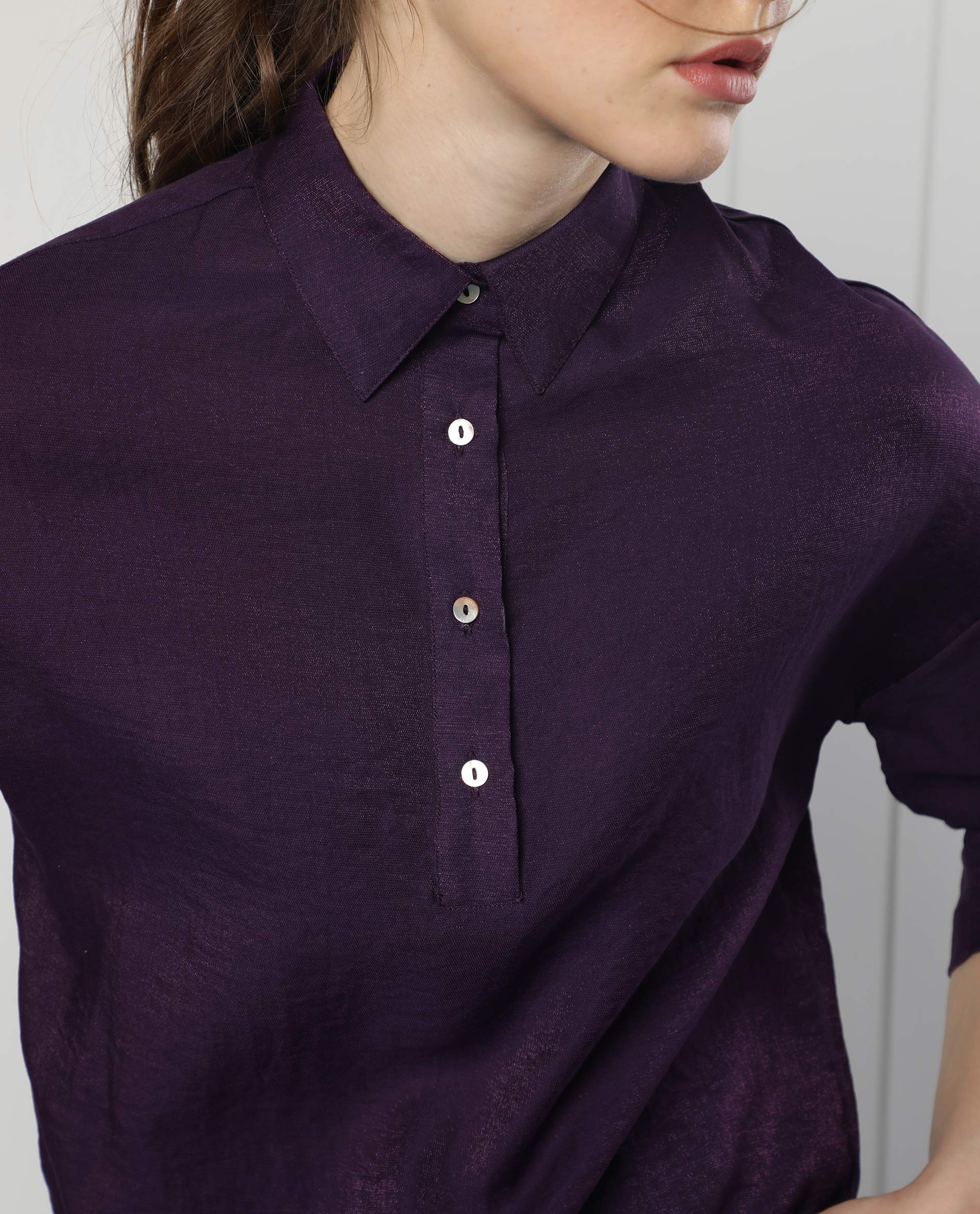 Women'S Velynn Dark Purple Polyester Fabric Regular Fit Shirt Collar 3/4Th Sleeves Solid Top