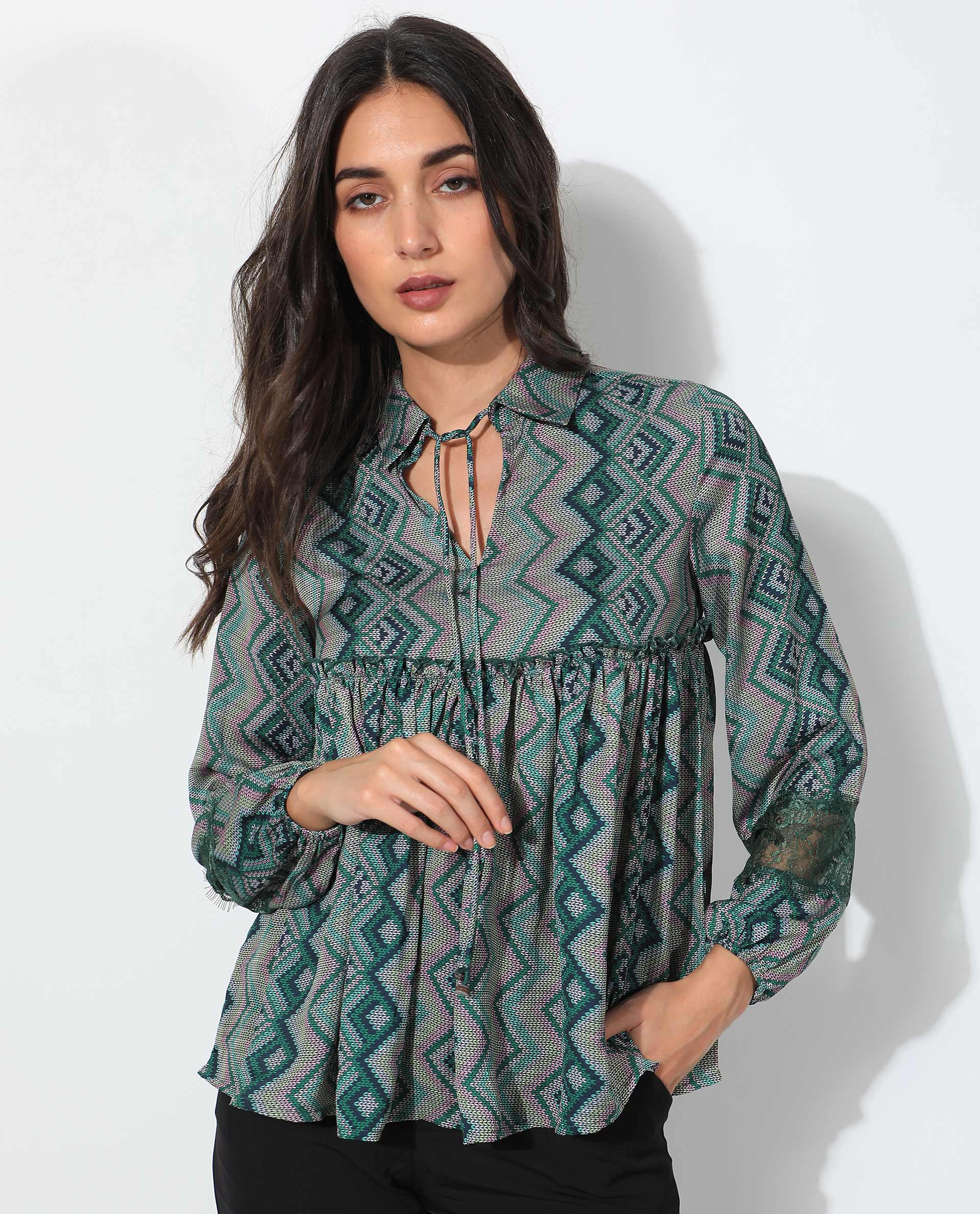 Women'S Cataline Dark Olive Polyester Fabric Full Sleeves Tie-Up Closure Tie-Up Neck Regular Fit Geometric Print Top