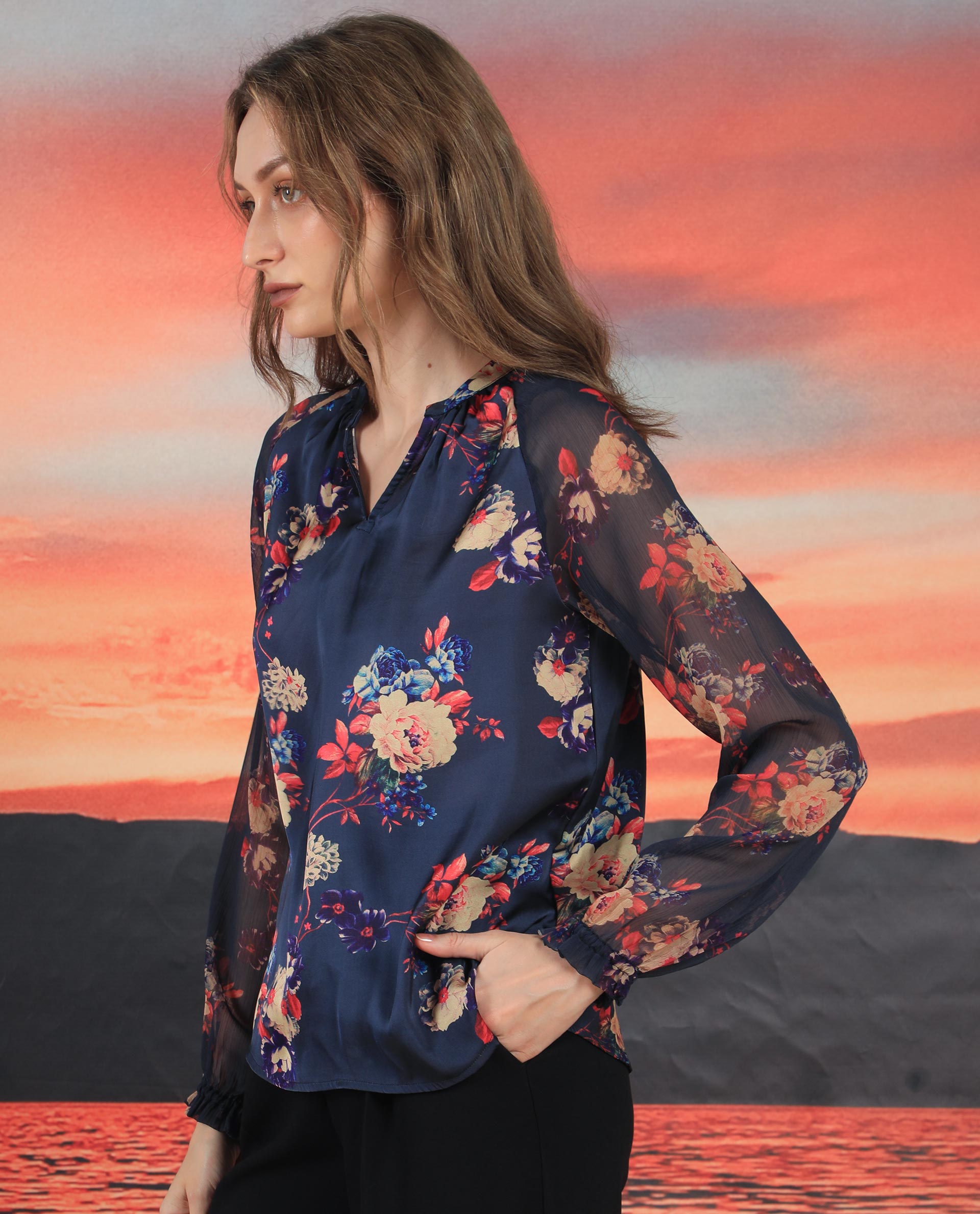 Women'S Veronica Navy Polyester Fabric Full Sleeves Mandarin Collar Regular Fit Floral Print Top