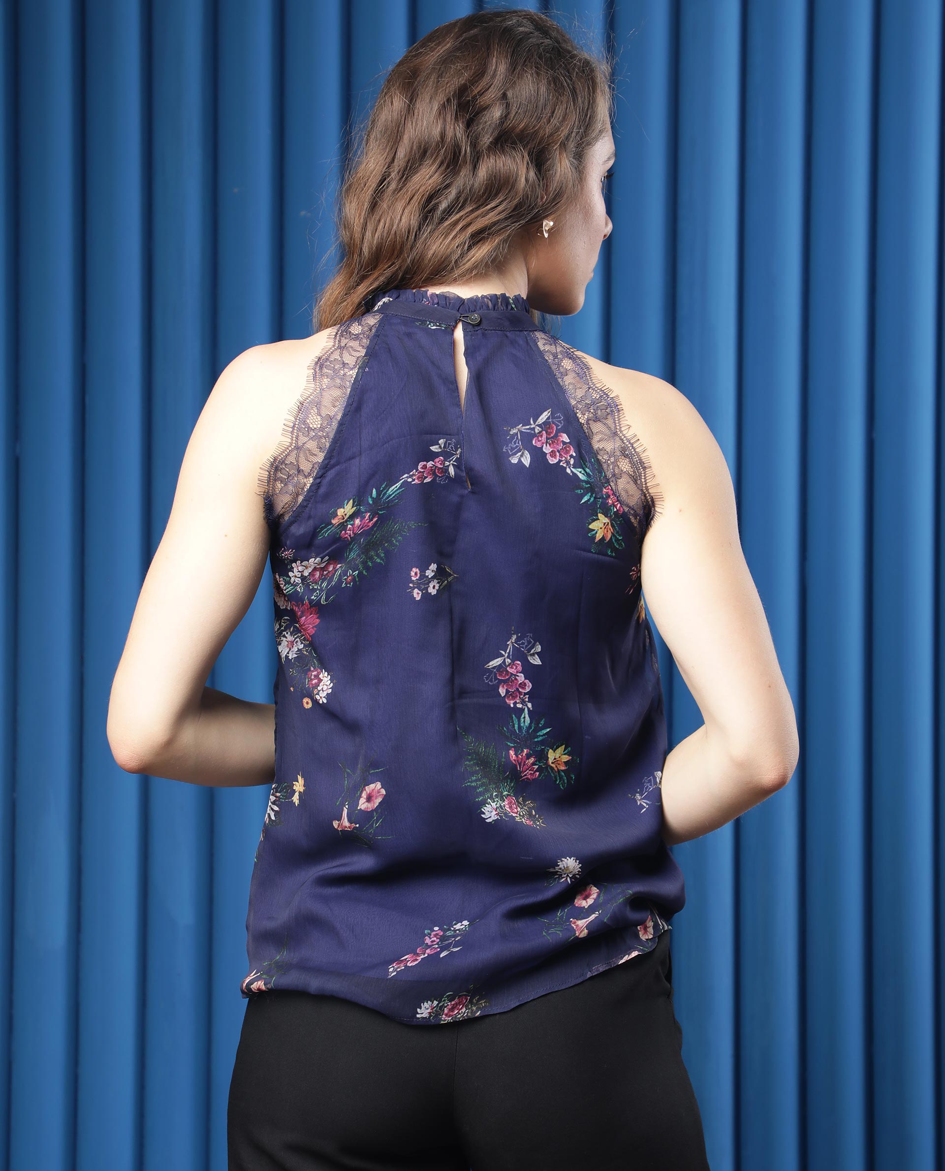 Women'S Delins Dark Blue Polyester Fabric Zip Closure High Neck Sleeveless Regular Fit Floral Print Top