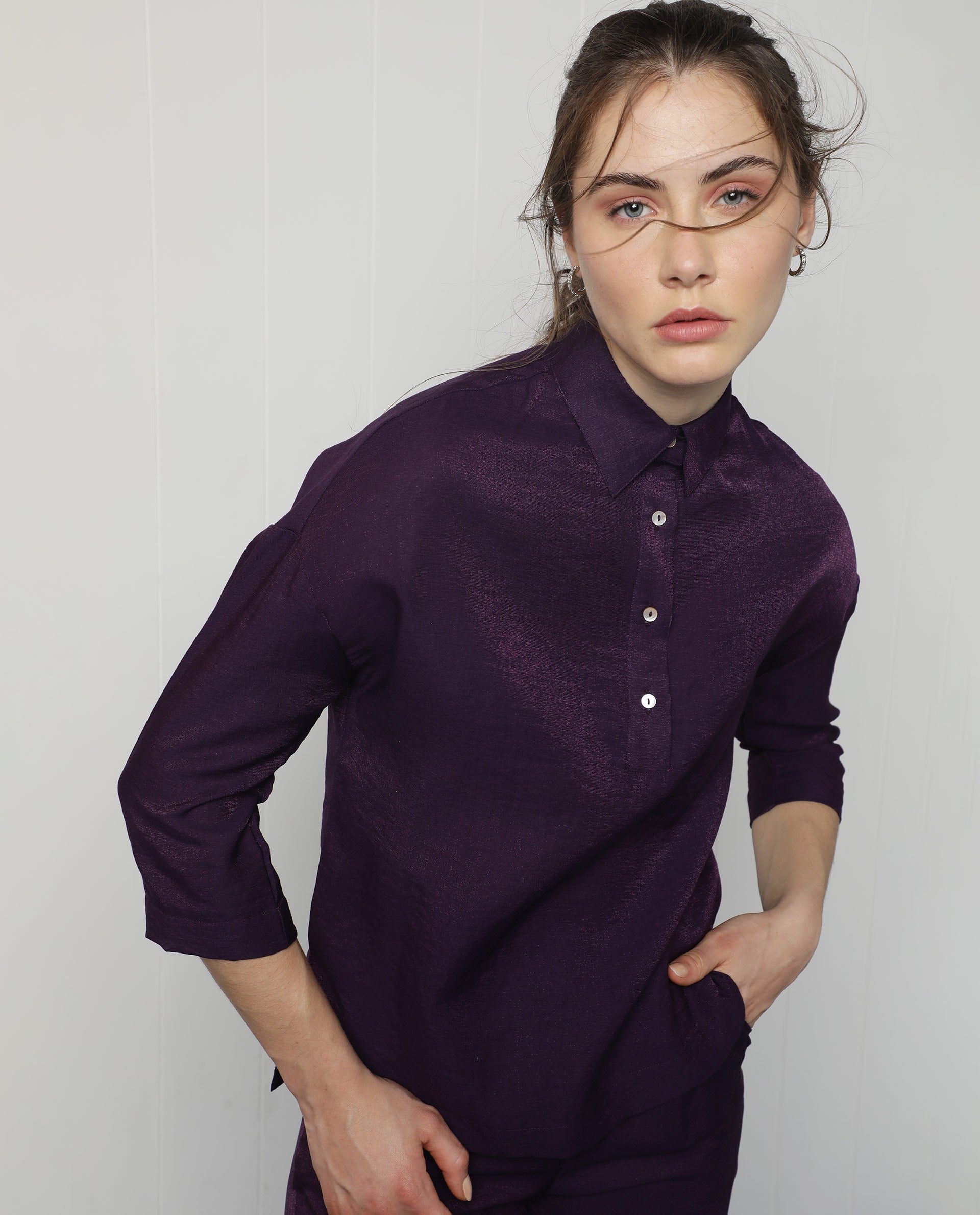 Women'S Velynn Dark Purple Polyester Fabric Regular Fit Shirt Collar 3/4Th Sleeves Solid Top