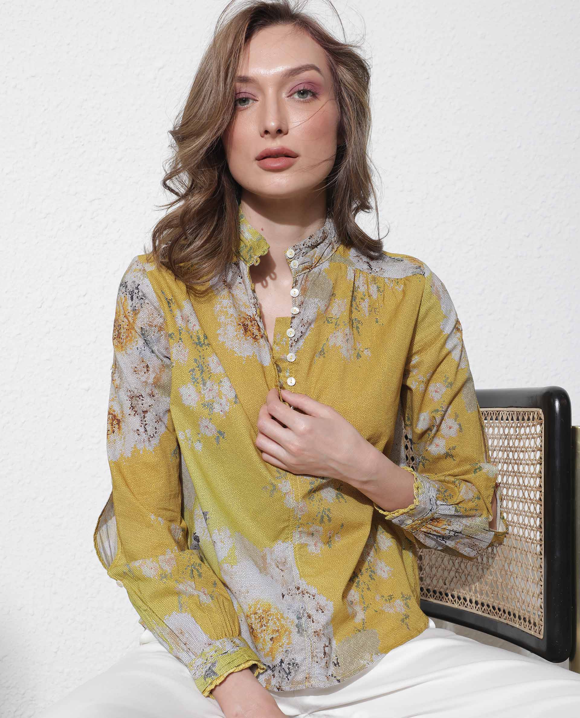 Women'S Morgan Dark Yellow Cotton Fabric Regular Fit High Neck Full Sleeves Floral Print Top