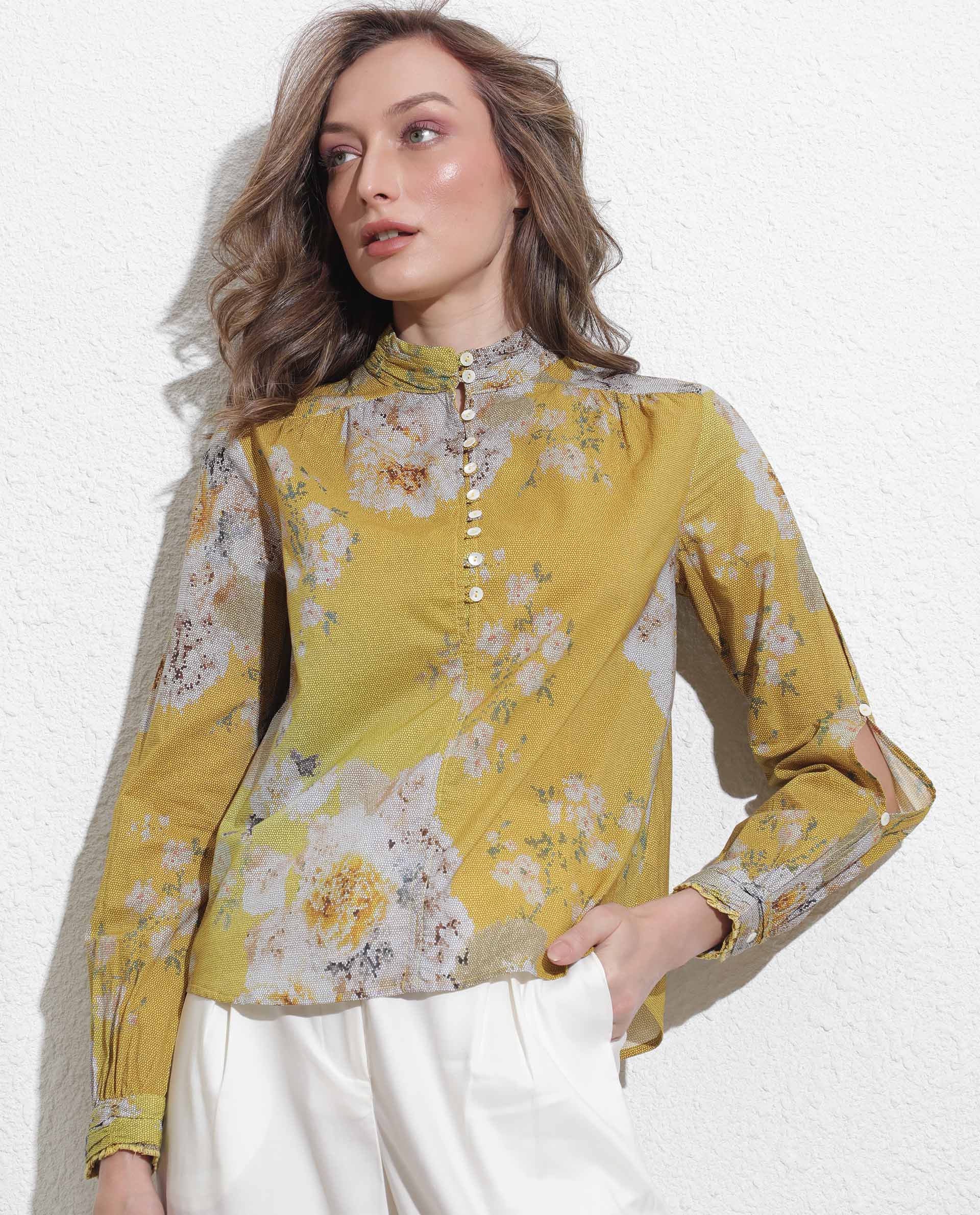 Women'S Morgan Dark Yellow Cotton Fabric Regular Fit High Neck Full Sleeves Floral Print Top