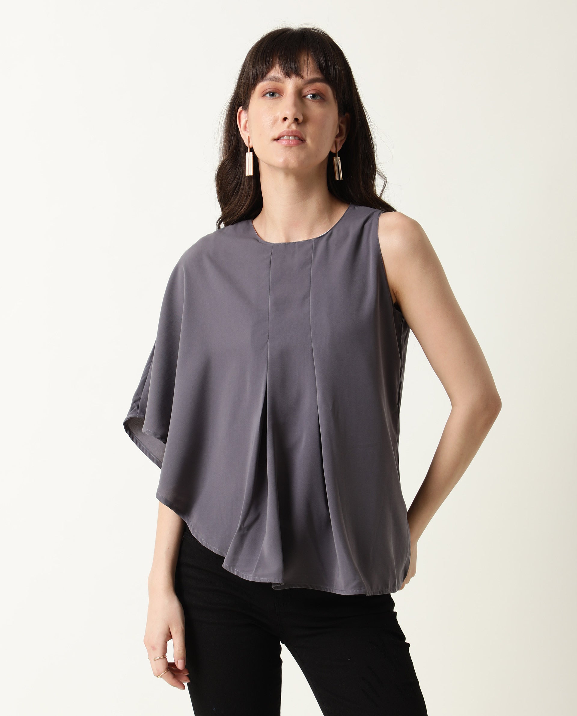 Womens Hudy Grey Top Polyester Fabric Relaxed Fit Flared Sleeve Round Neck