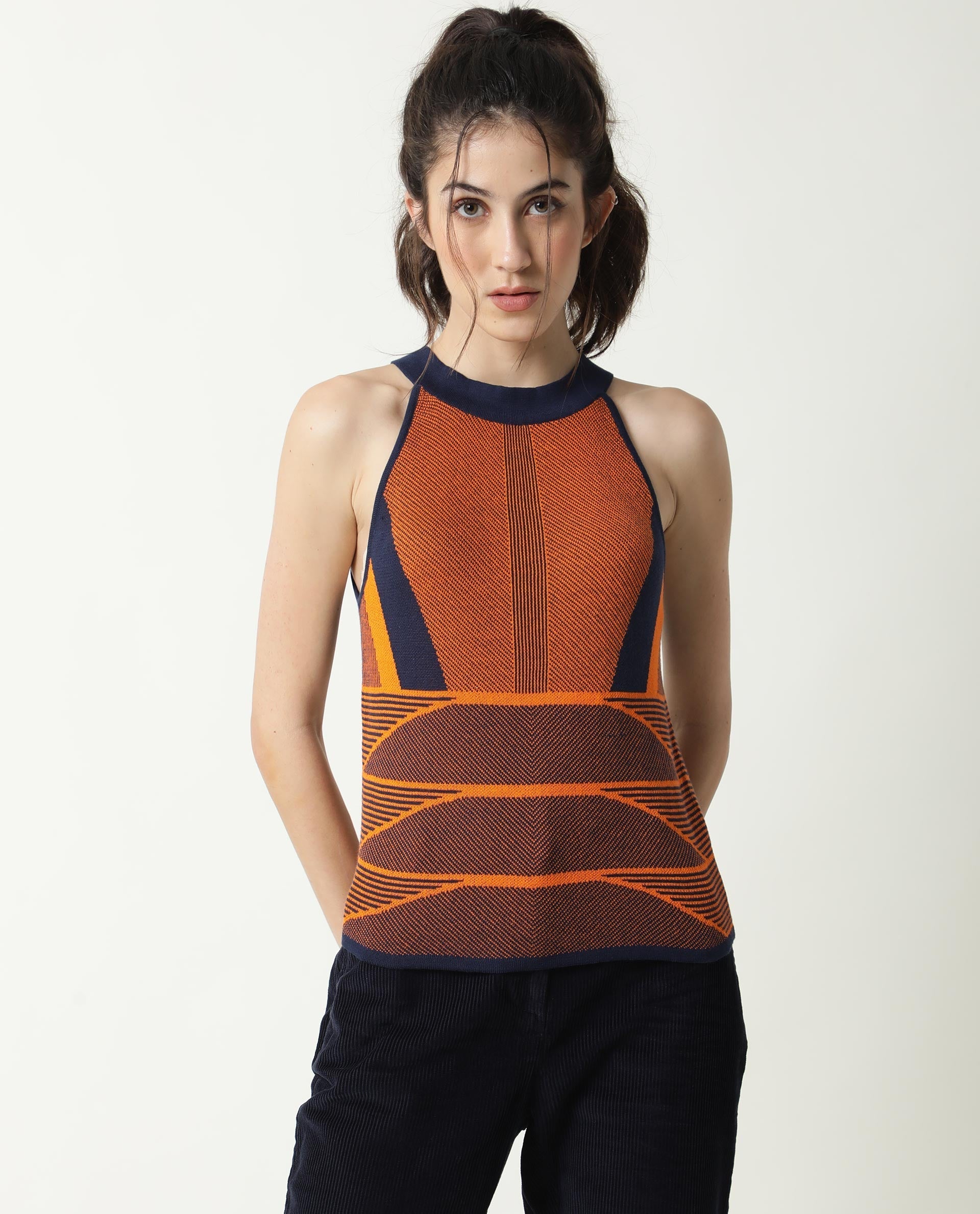 Women'S Lila Orange Cotton Fabric Sleeveless Regular Fit Abstract Print Halter Neck Sweater