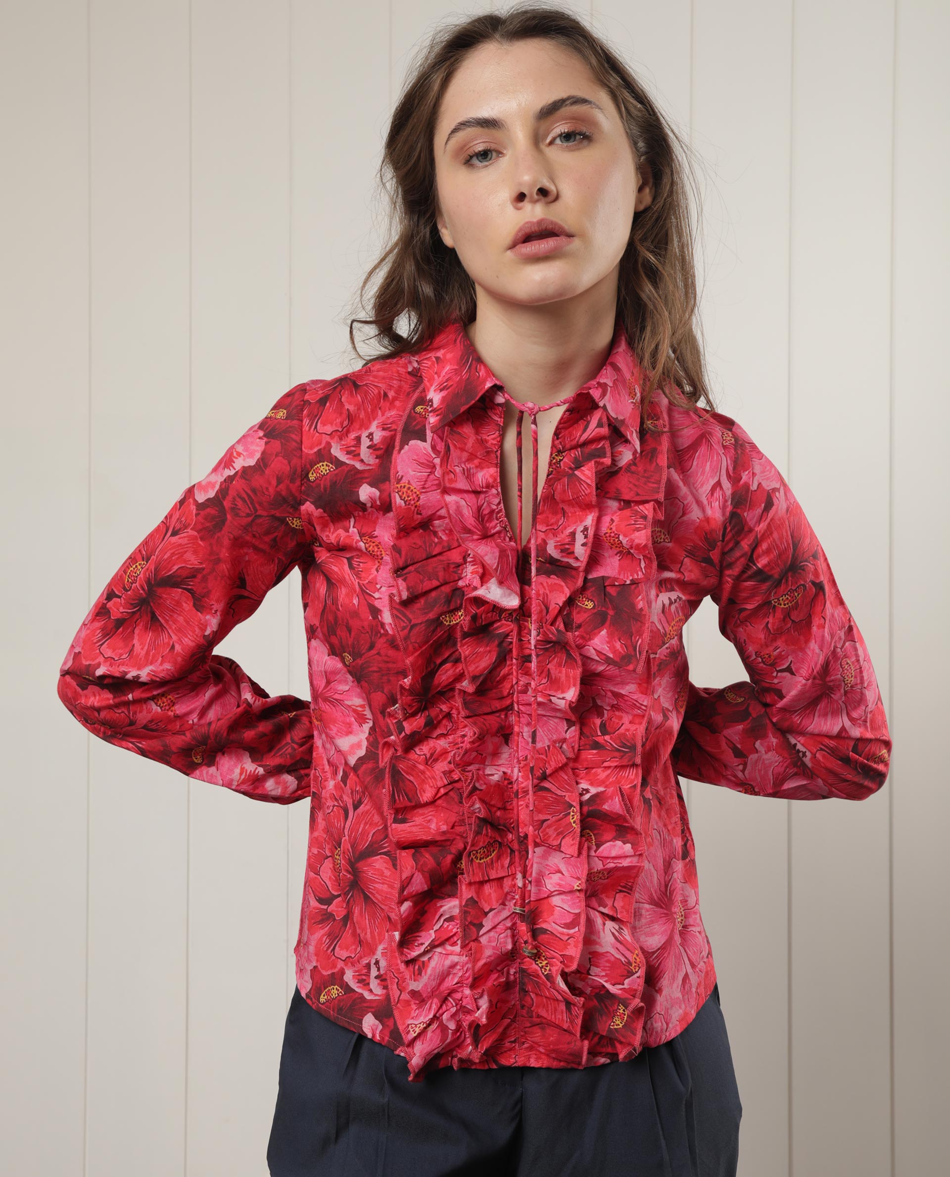 Women'S Orney Maroon Cotton Fabric Full Sleeves Button Closure Shirt Collar Volume Sleeve Regular Fit Floral Print Top