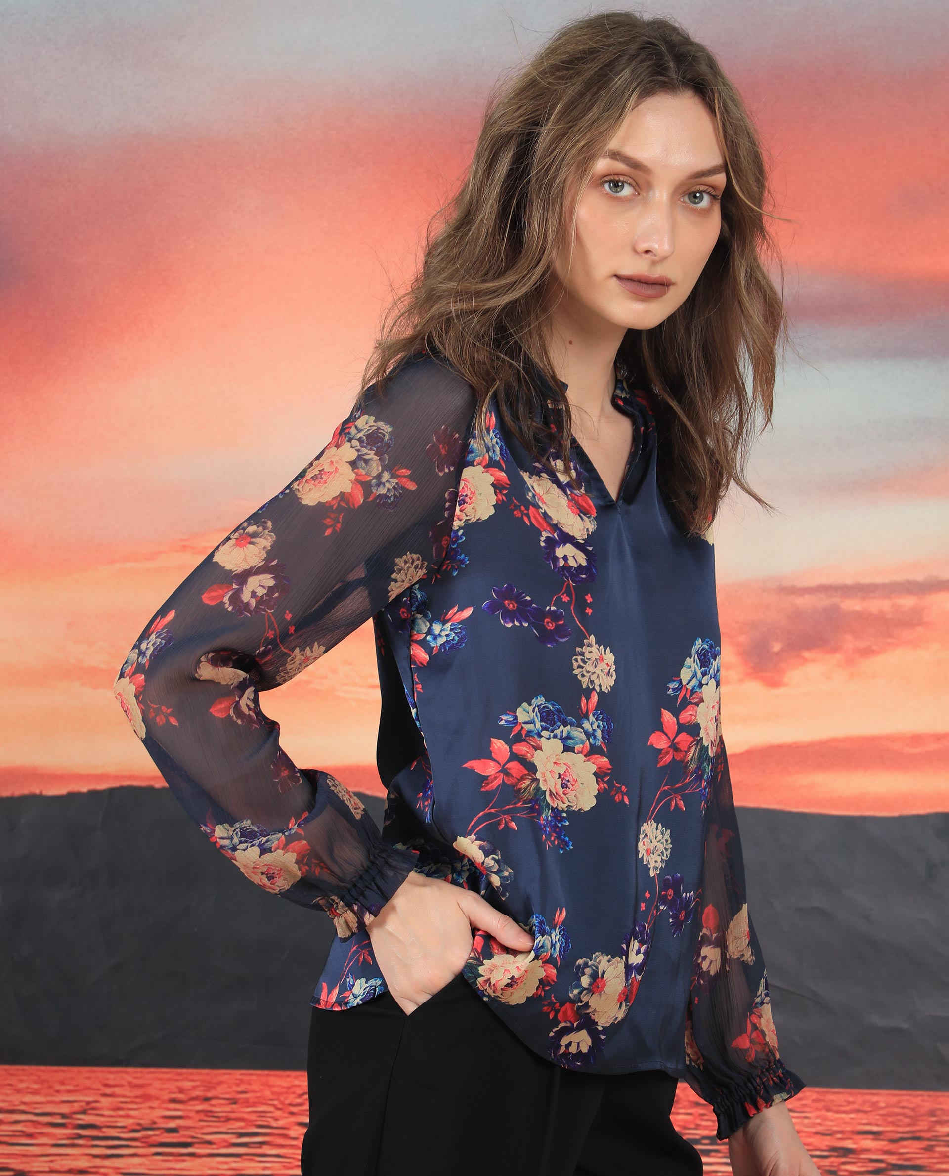 Women'S Veronica Navy Polyester Fabric Full Sleeves Mandarin Collar Regular Fit Floral Print Top