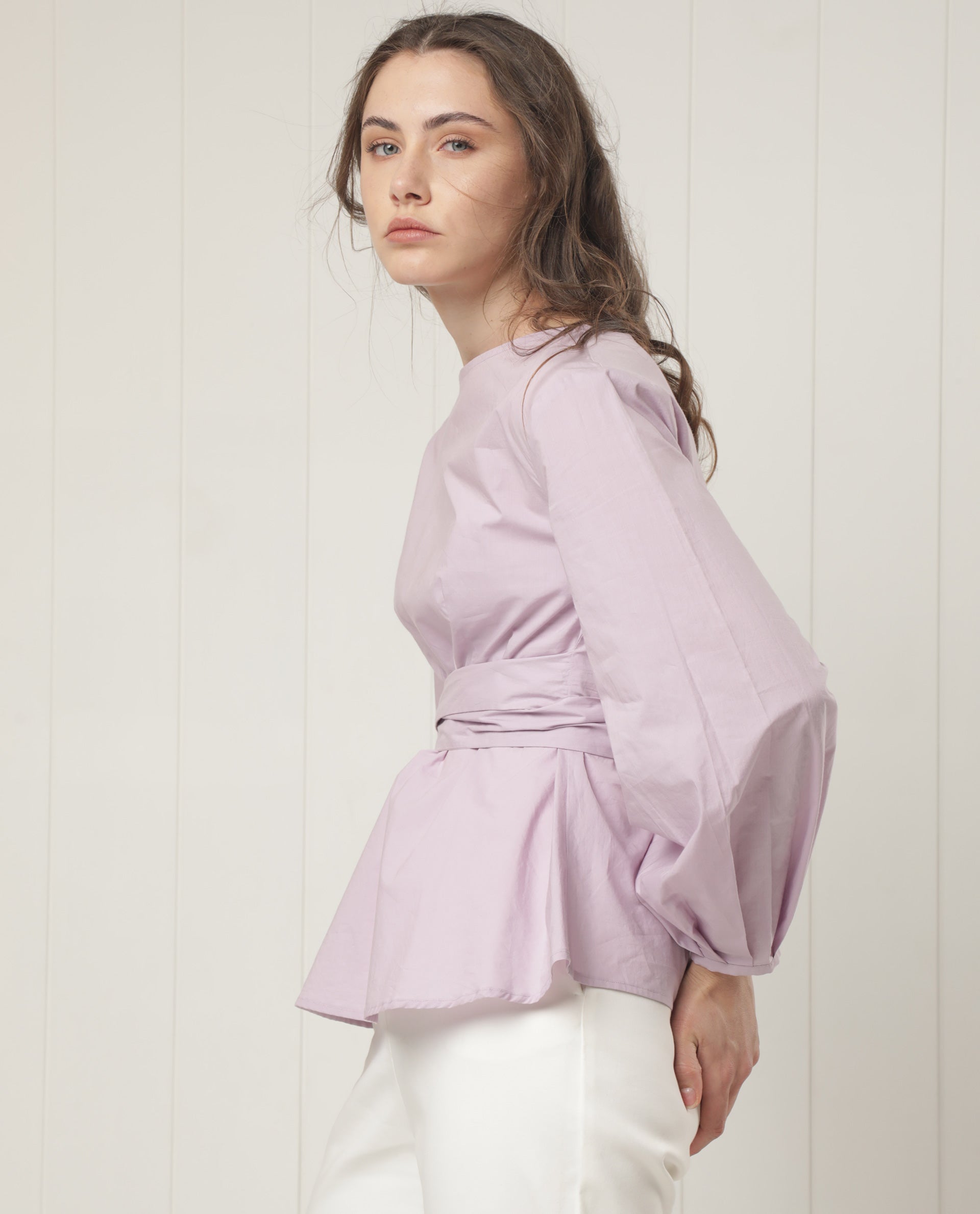 Women'S Tulipo Pastel Purple Cotton Fabric Full Sleeves Tie-Up Closure Boat Neck Regular Fit Plain Top