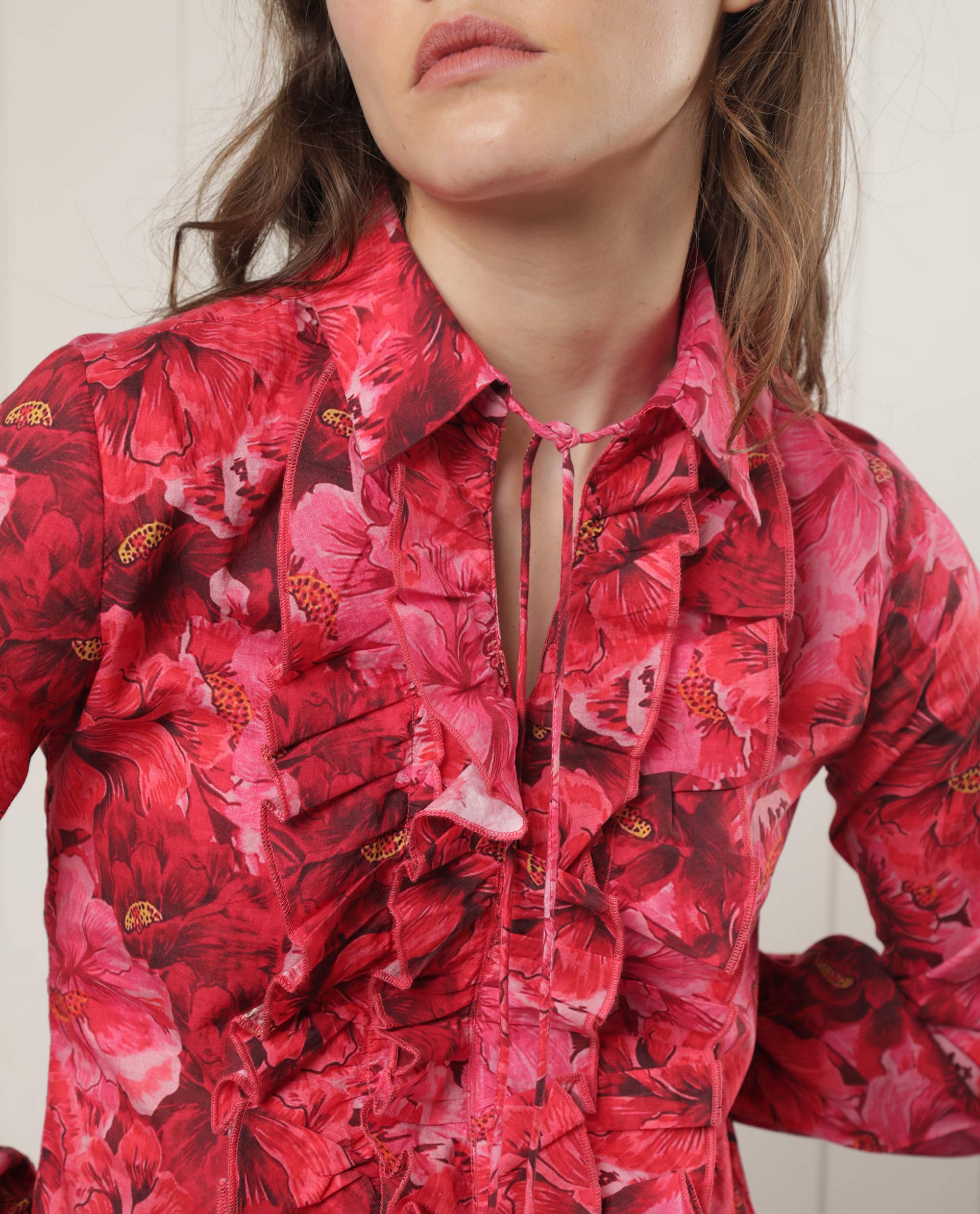 Women'S Orney Maroon Cotton Fabric Full Sleeves Button Closure Shirt Collar Volume Sleeve Regular Fit Floral Print Top