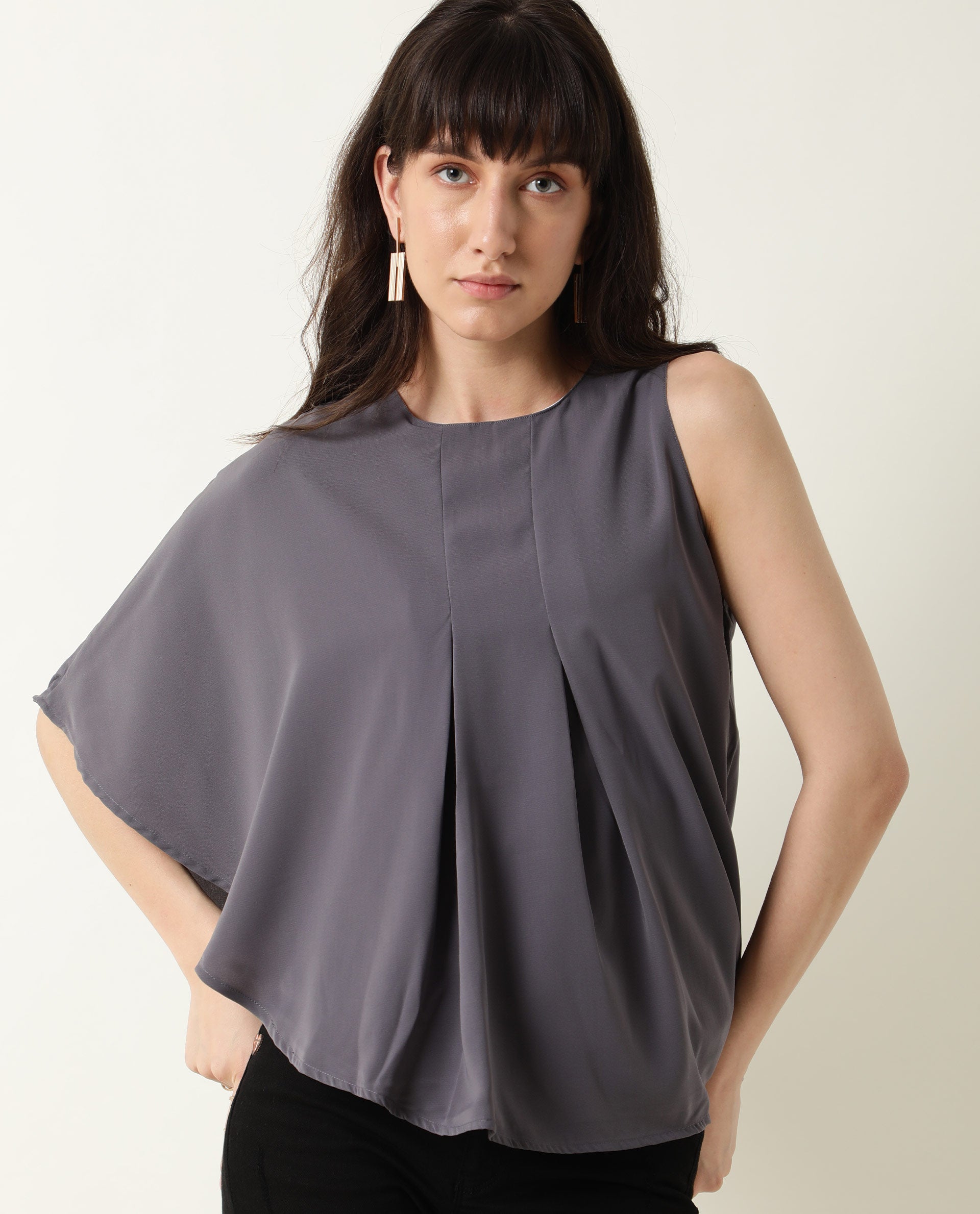 Womens Hudy Grey Top Polyester Fabric Relaxed Fit Flared Sleeve Round Neck