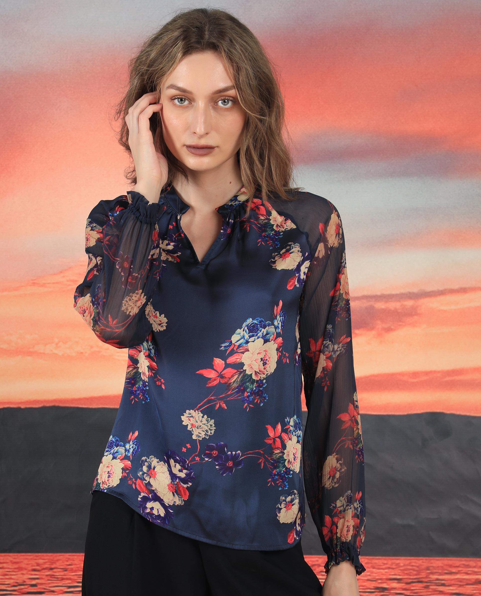 Women'S Veronica Navy Polyester Fabric Full Sleeves Mandarin Collar Regular Fit Floral Print Top