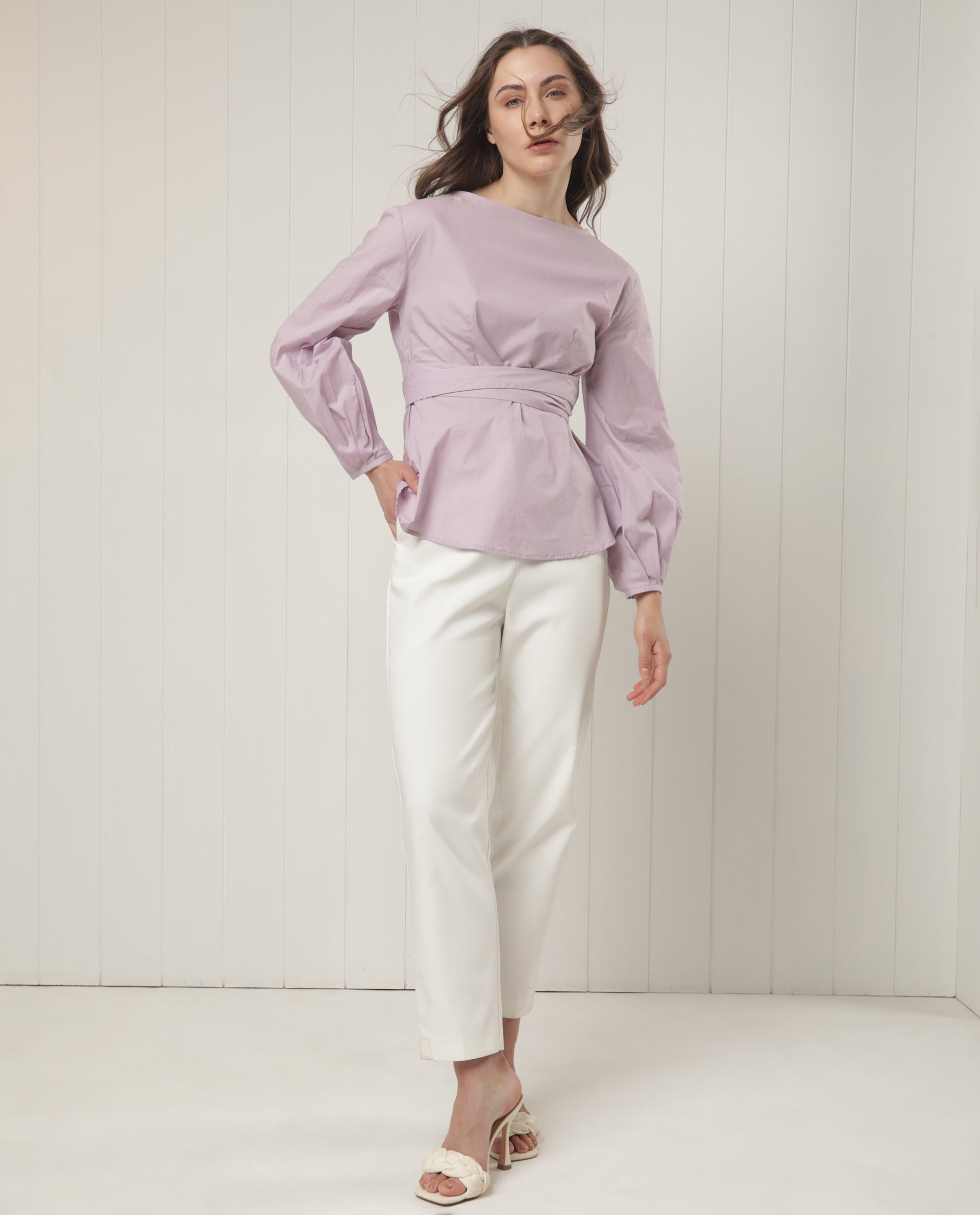 Women'S Tulipo Pastel Purple Cotton Fabric Full Sleeves Tie-Up Closure Boat Neck Regular Fit Plain Top