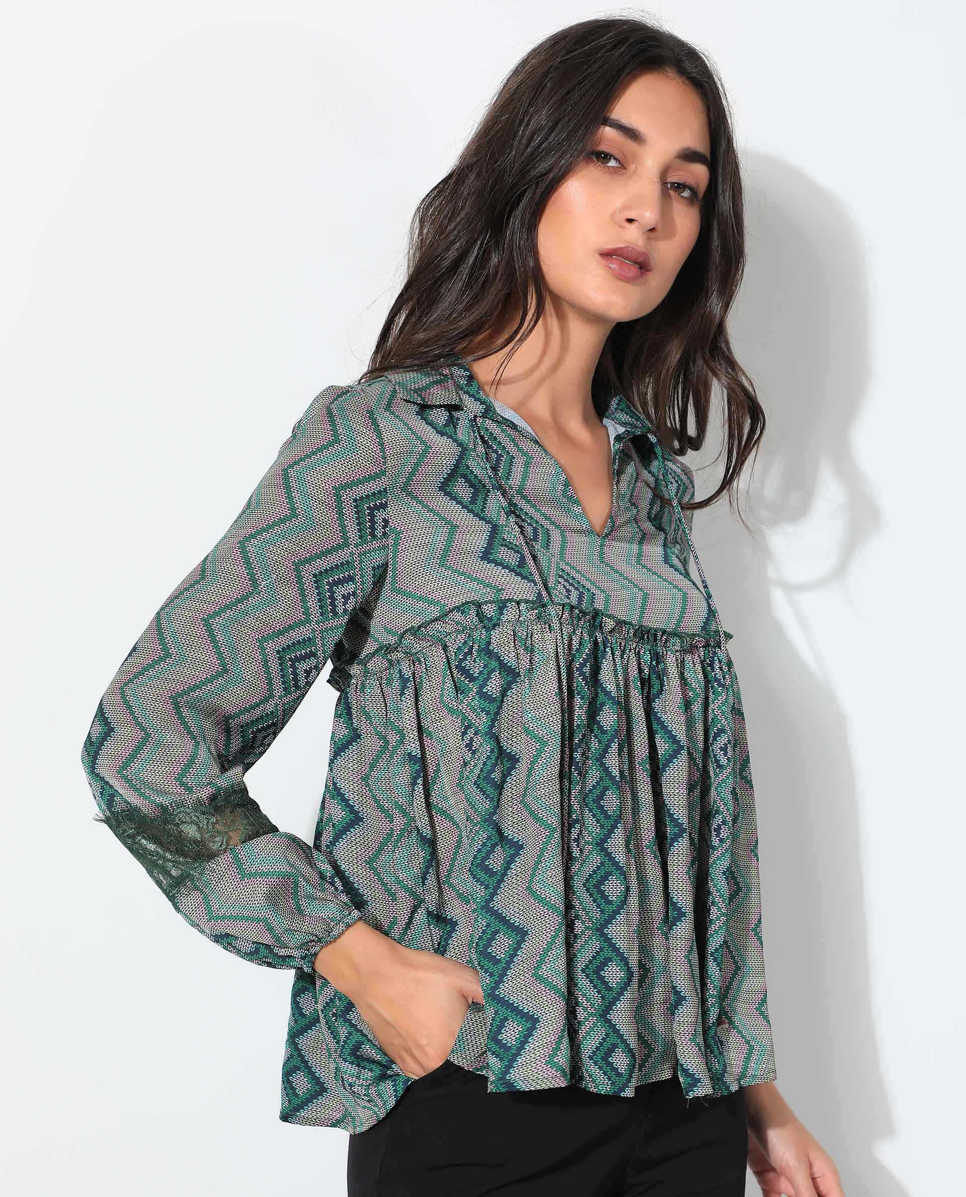 Women'S Cataline Dark Olive Polyester Fabric Full Sleeves Tie-Up Closure Tie-Up Neck Regular Fit Geometric Print Top