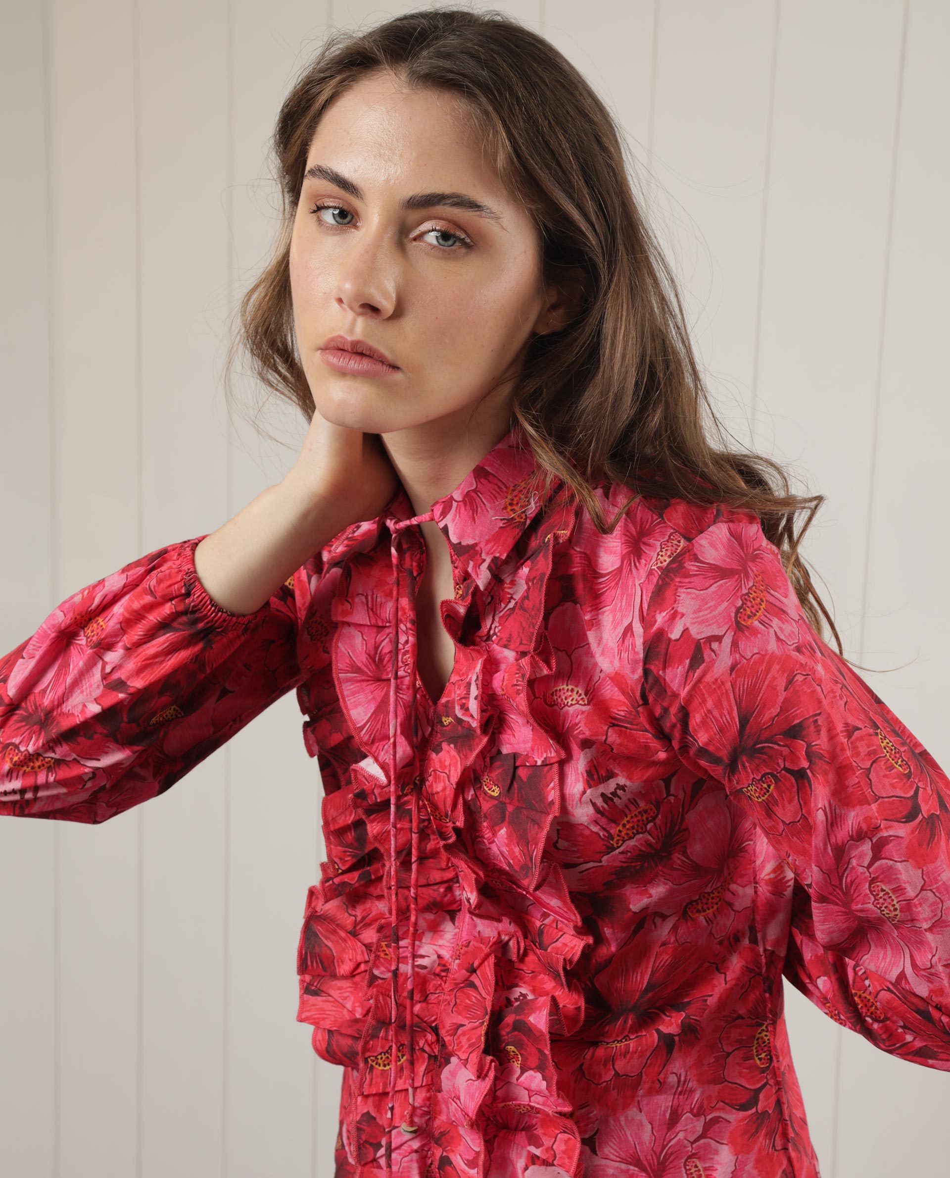 Women'S Orney Maroon Cotton Fabric Full Sleeves Button Closure Shirt Collar Volume Sleeve Regular Fit Floral Print Top