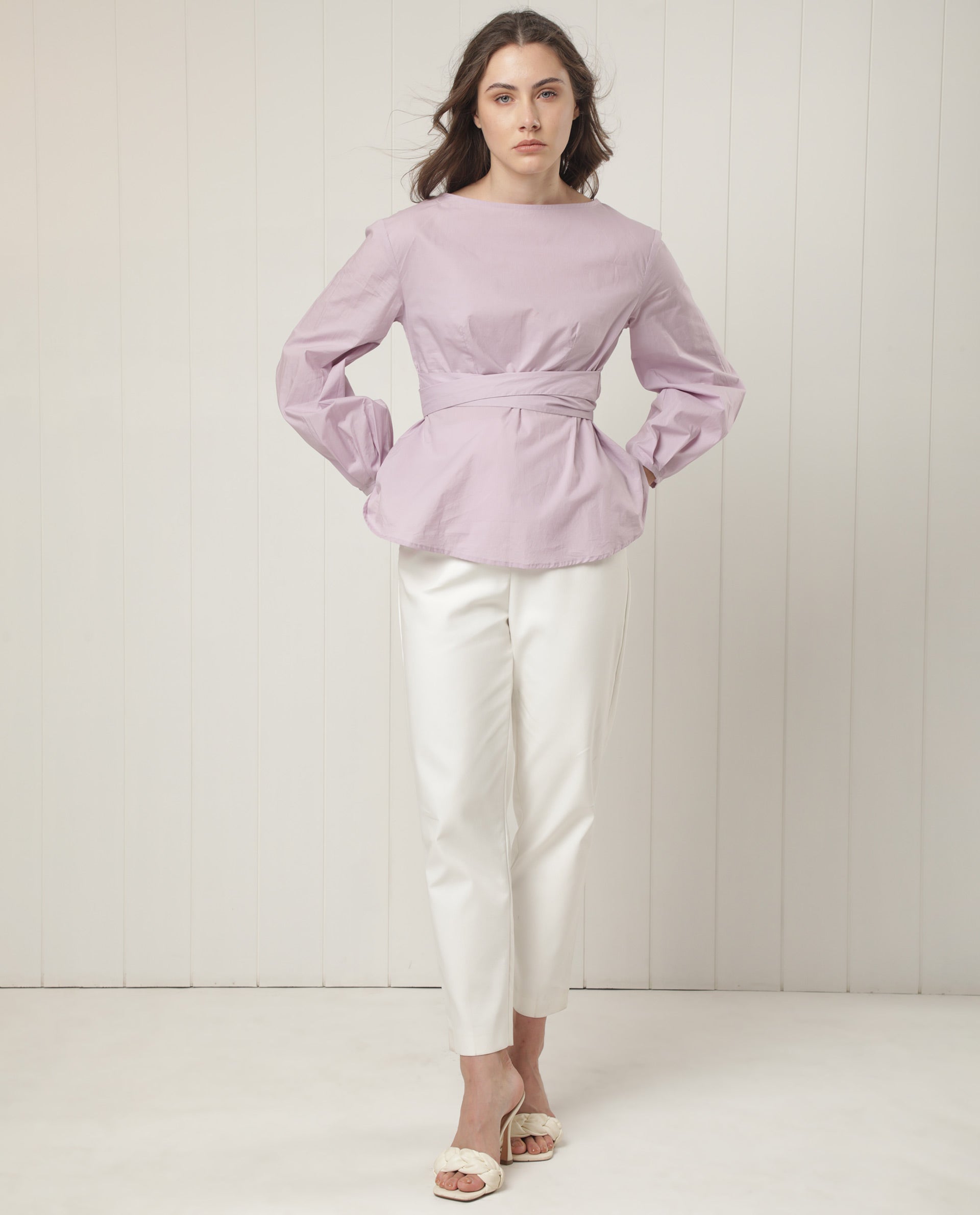 Women'S Tulipo Pastel Purple Cotton Fabric Full Sleeves Tie-Up Closure Boat Neck Regular Fit Plain Top