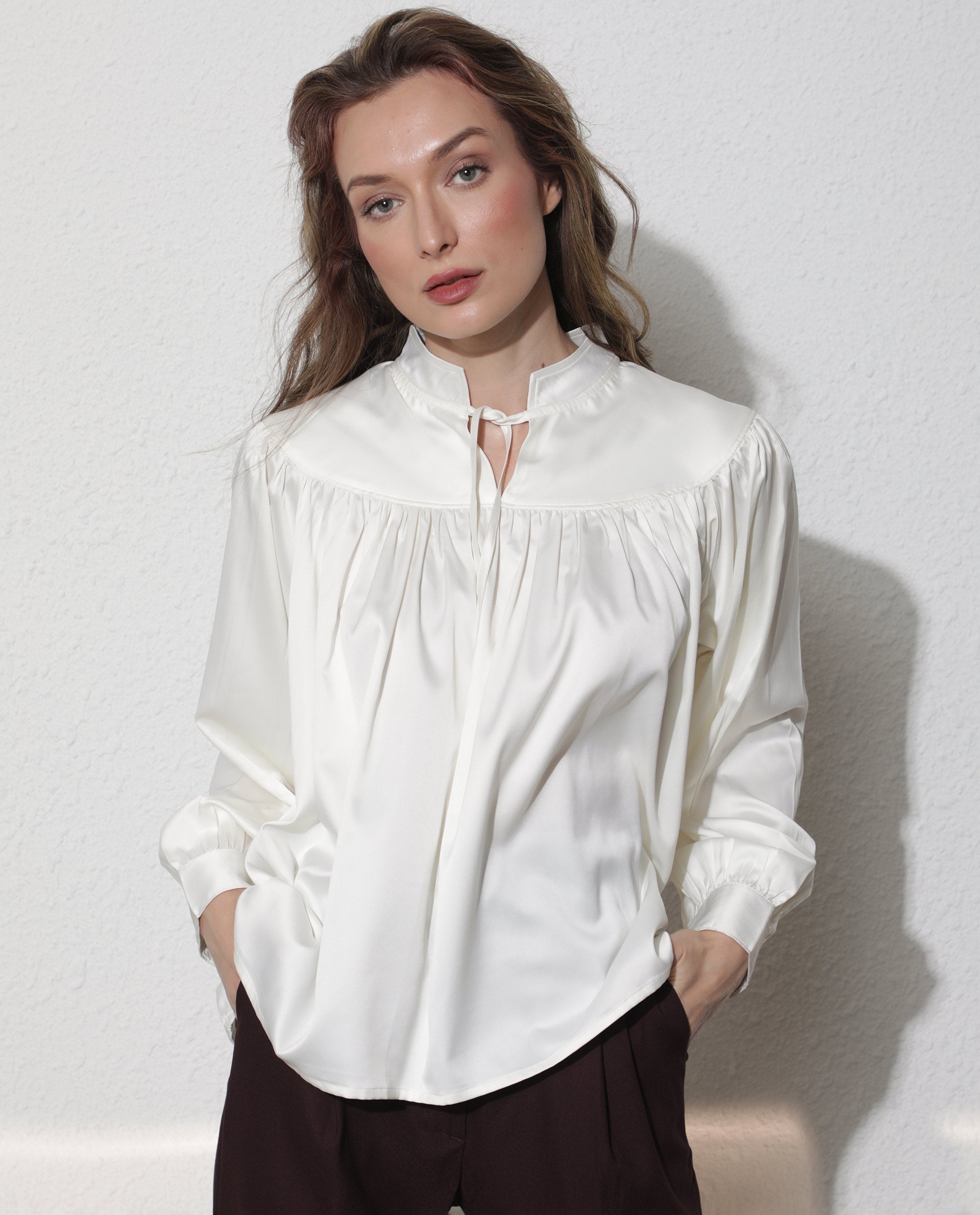 Women'S Tia White Polyester Fabric Full Sleeves Tie-Up Closure Mandarin Collar Volume Sleeve Relaxed Fit Plain Top