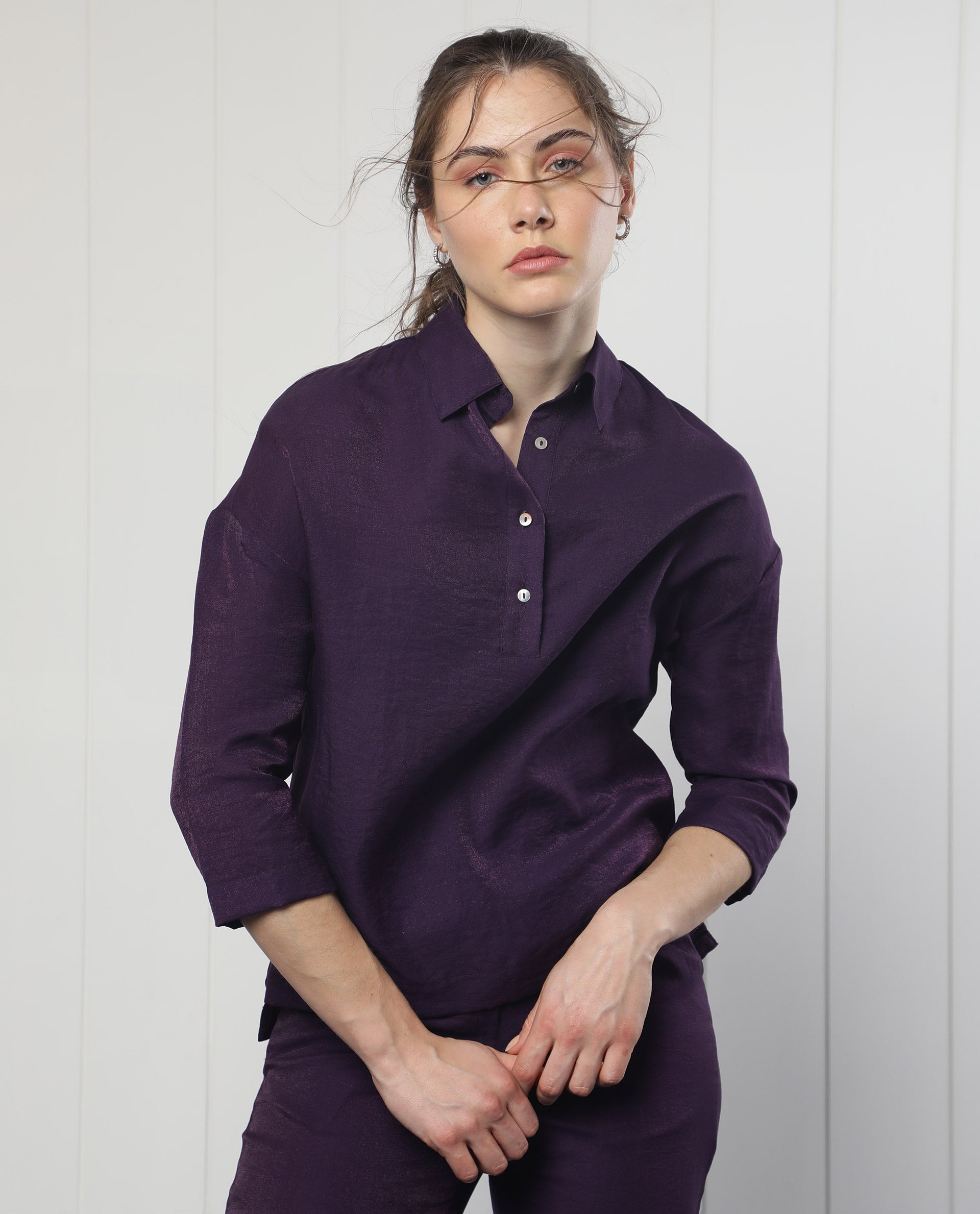 Women'S Velynn Dark Purple Polyester Fabric Regular Fit Shirt Collar 3/4Th Sleeves Solid Top