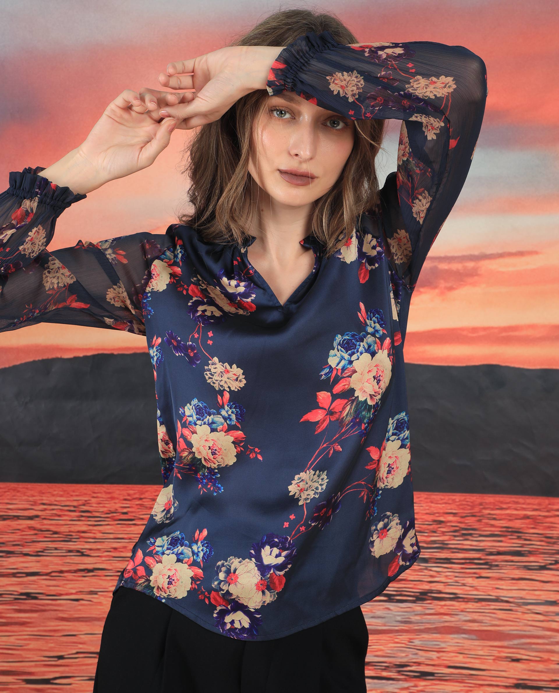 Women'S Veronica Navy Polyester Fabric Full Sleeves Mandarin Collar Regular Fit Floral Print Top