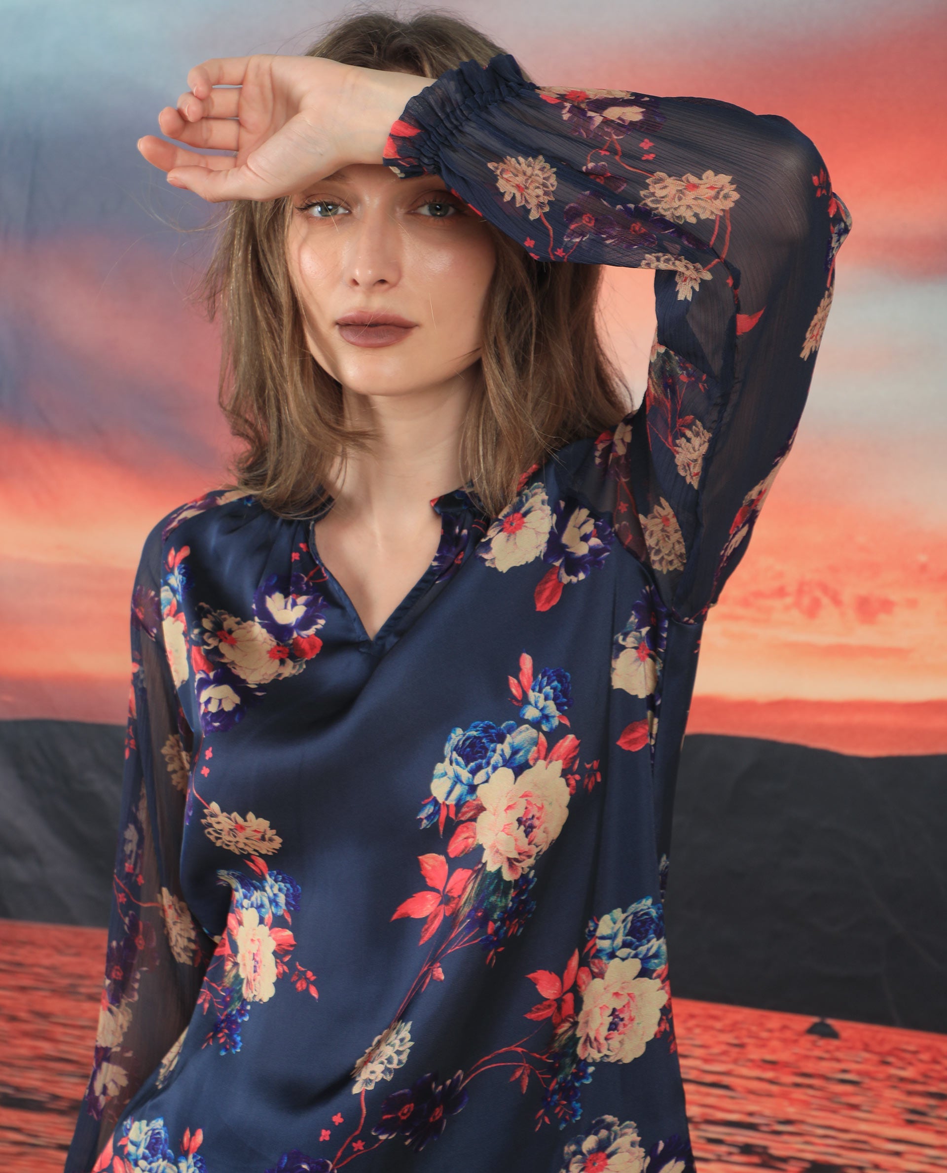 Women'S Veronica Navy Polyester Fabric Full Sleeves Mandarin Collar Regular Fit Floral Print Top