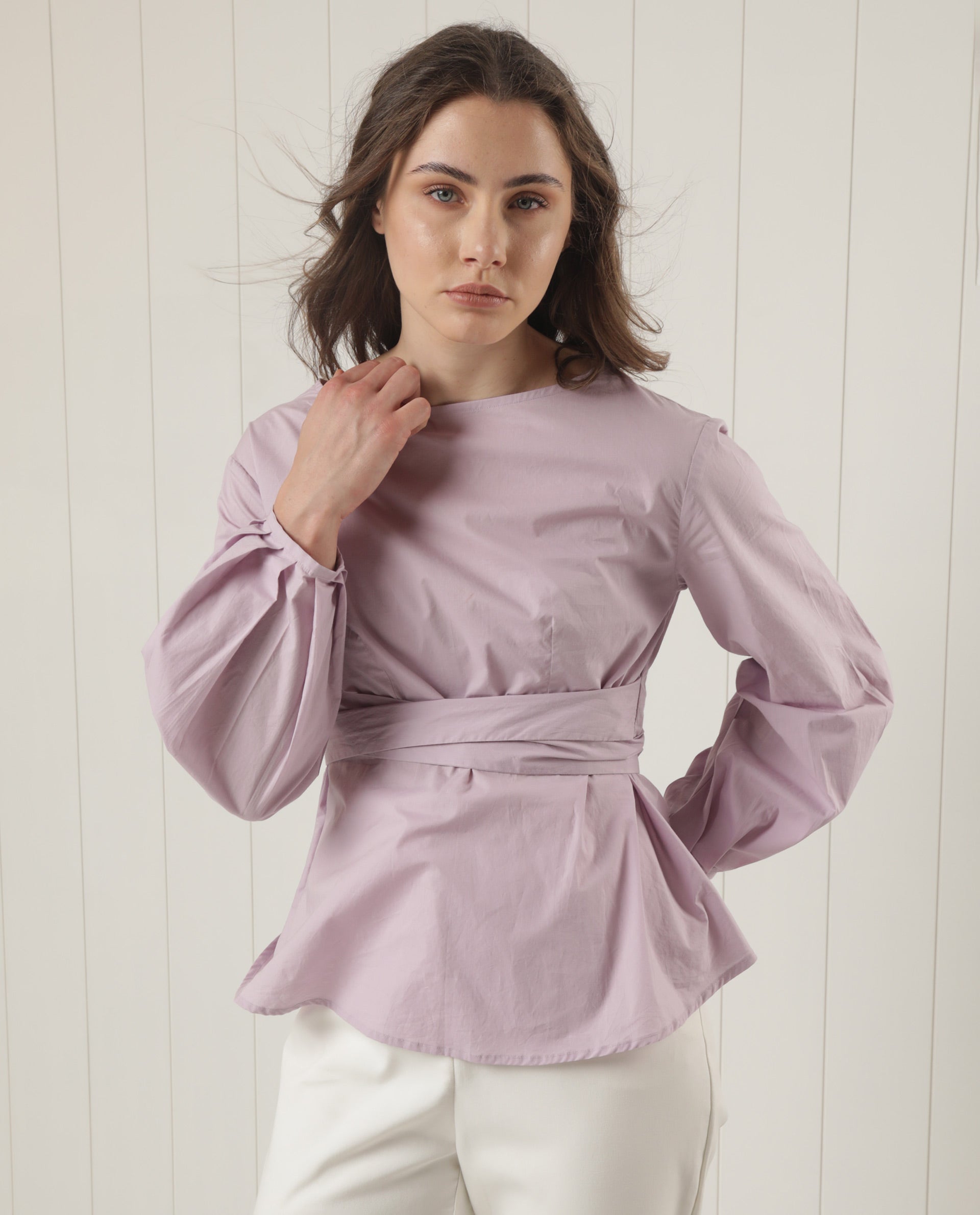 Women'S Tulipo Pastel Purple Cotton Fabric Full Sleeves Tie-Up Closure Boat Neck Regular Fit Plain Top