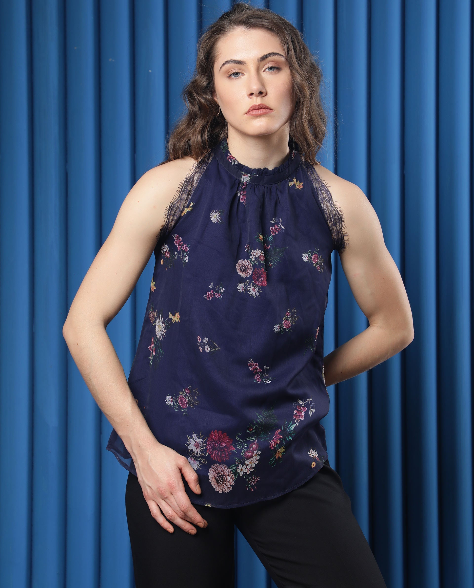 Women'S Delins Dark Blue Polyester Fabric Zip Closure High Neck Sleeveless Regular Fit Floral Print Top