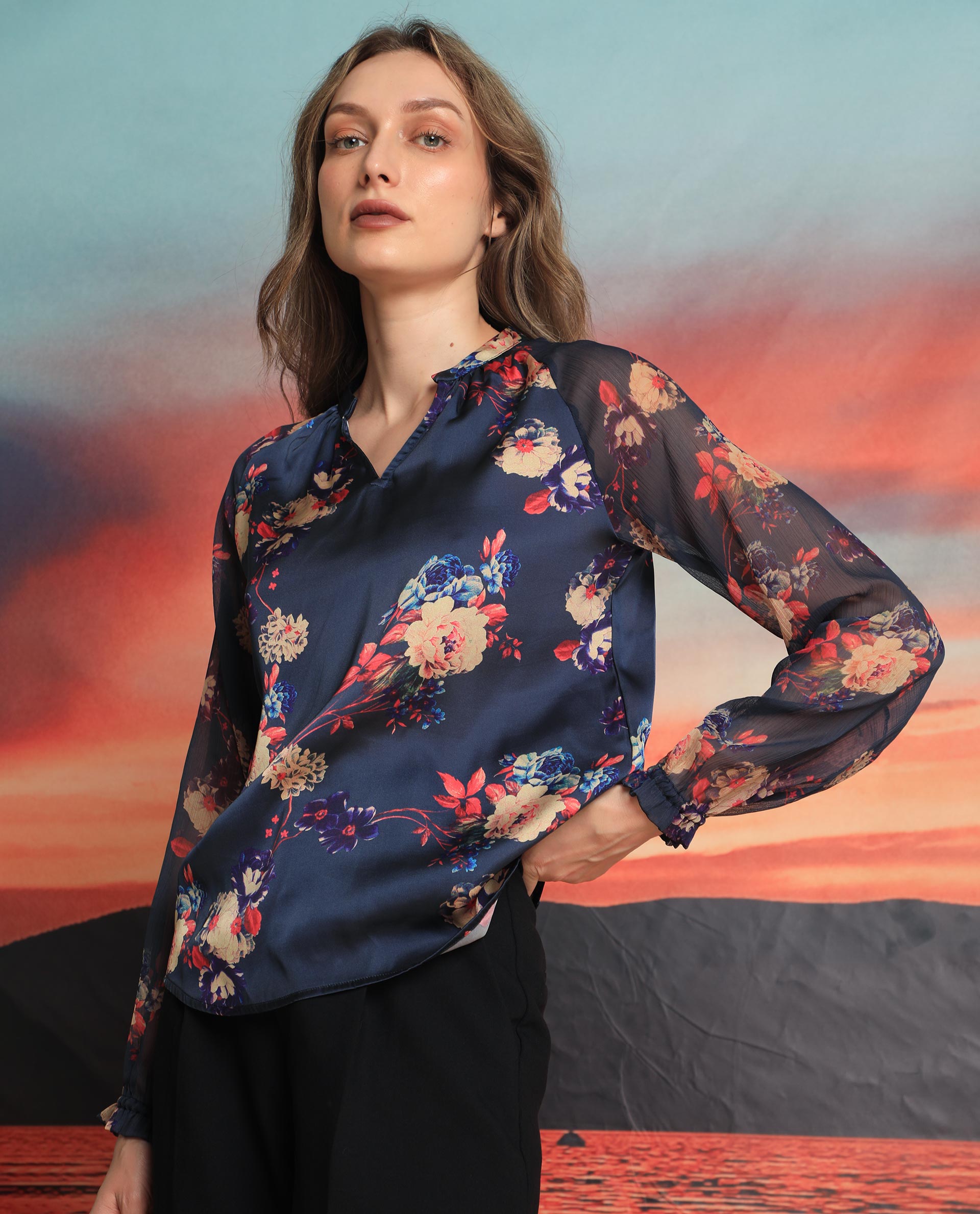 Women'S Veronica Navy Polyester Fabric Full Sleeves Mandarin Collar Regular Fit Floral Print Top