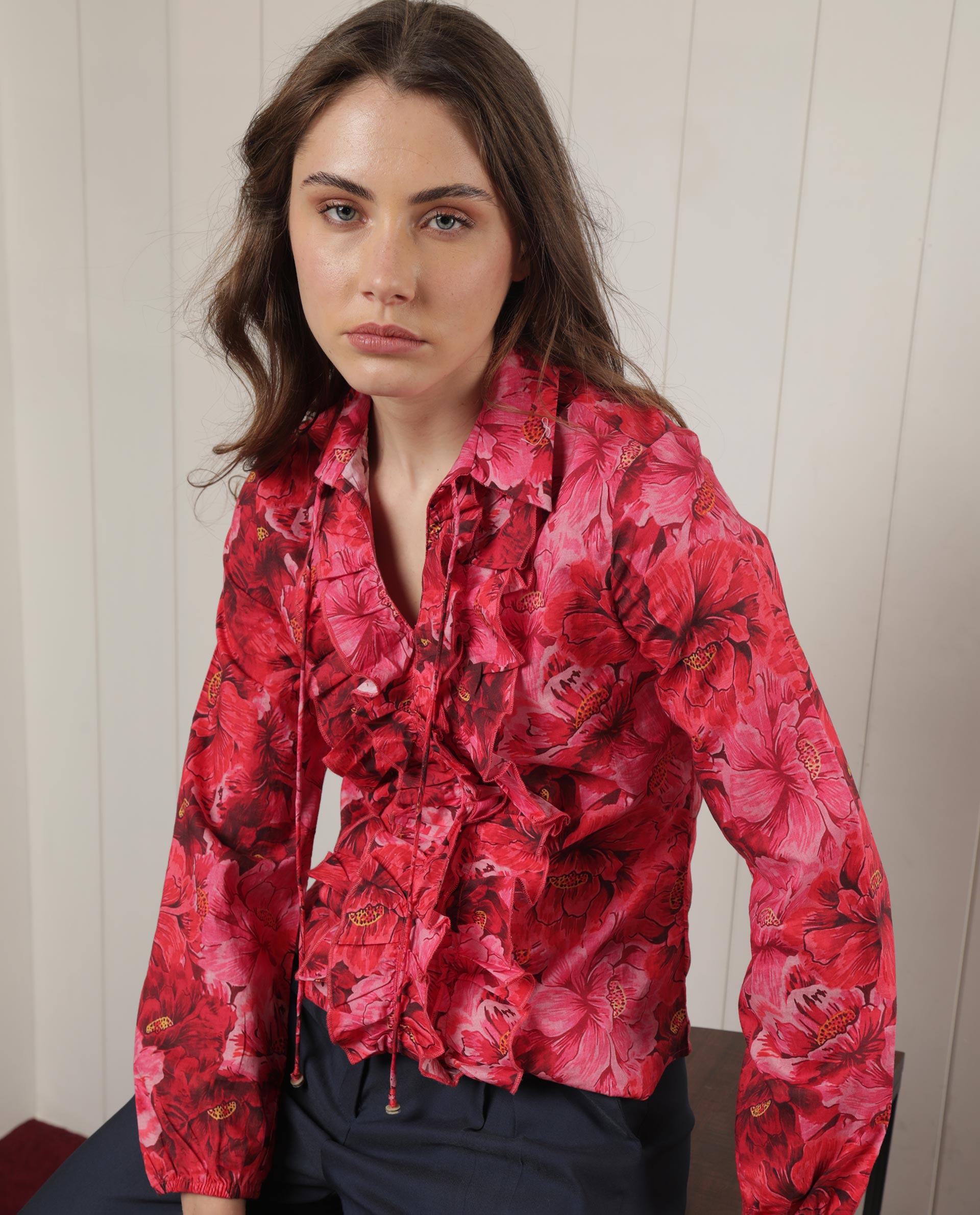 Women'S Orney Maroon Cotton Fabric Full Sleeves Button Closure Shirt Collar Volume Sleeve Regular Fit Floral Print Top