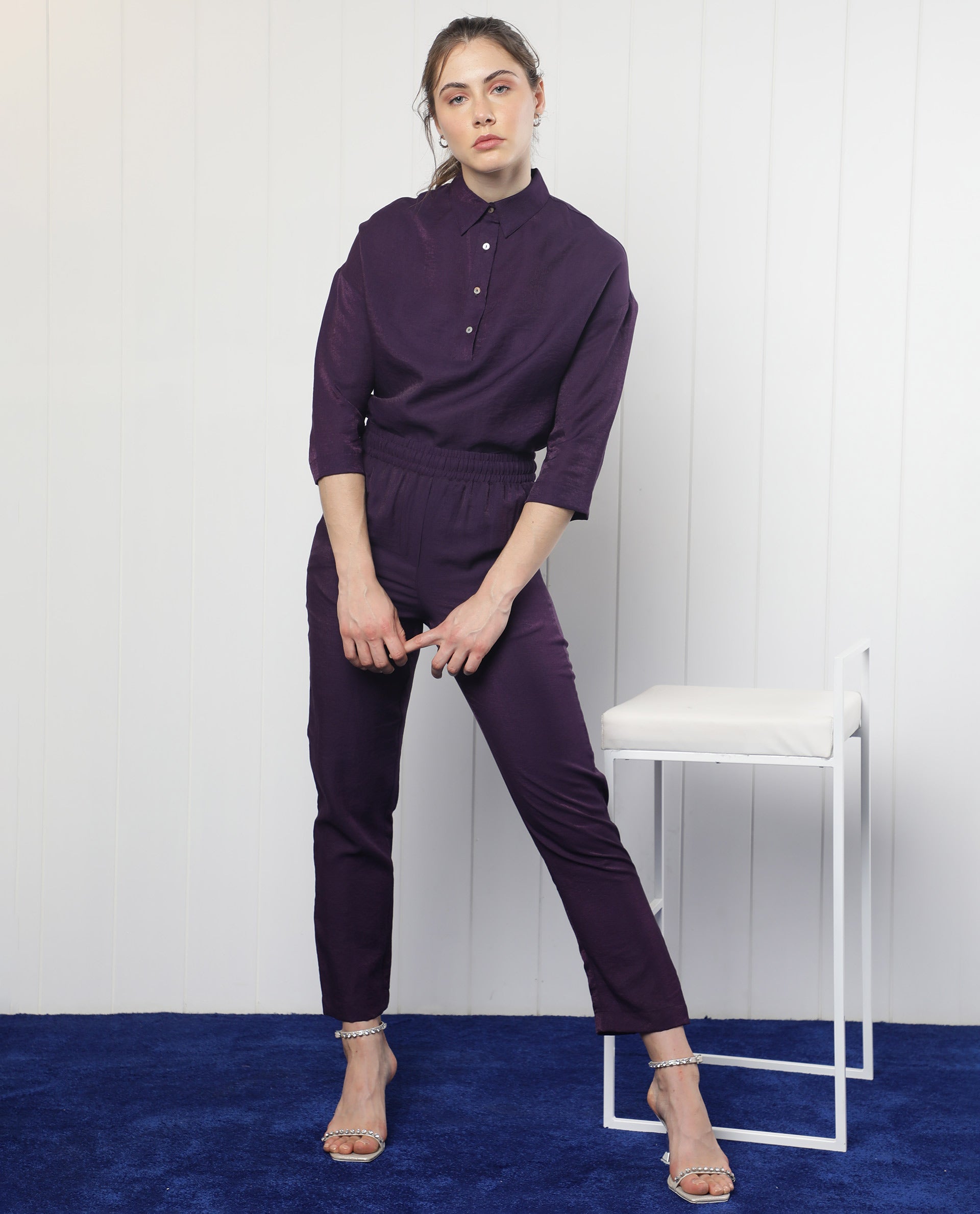 Women'S Velynn Dark Purple Polyester Fabric Regular Fit Shirt Collar 3/4Th Sleeves Solid Top