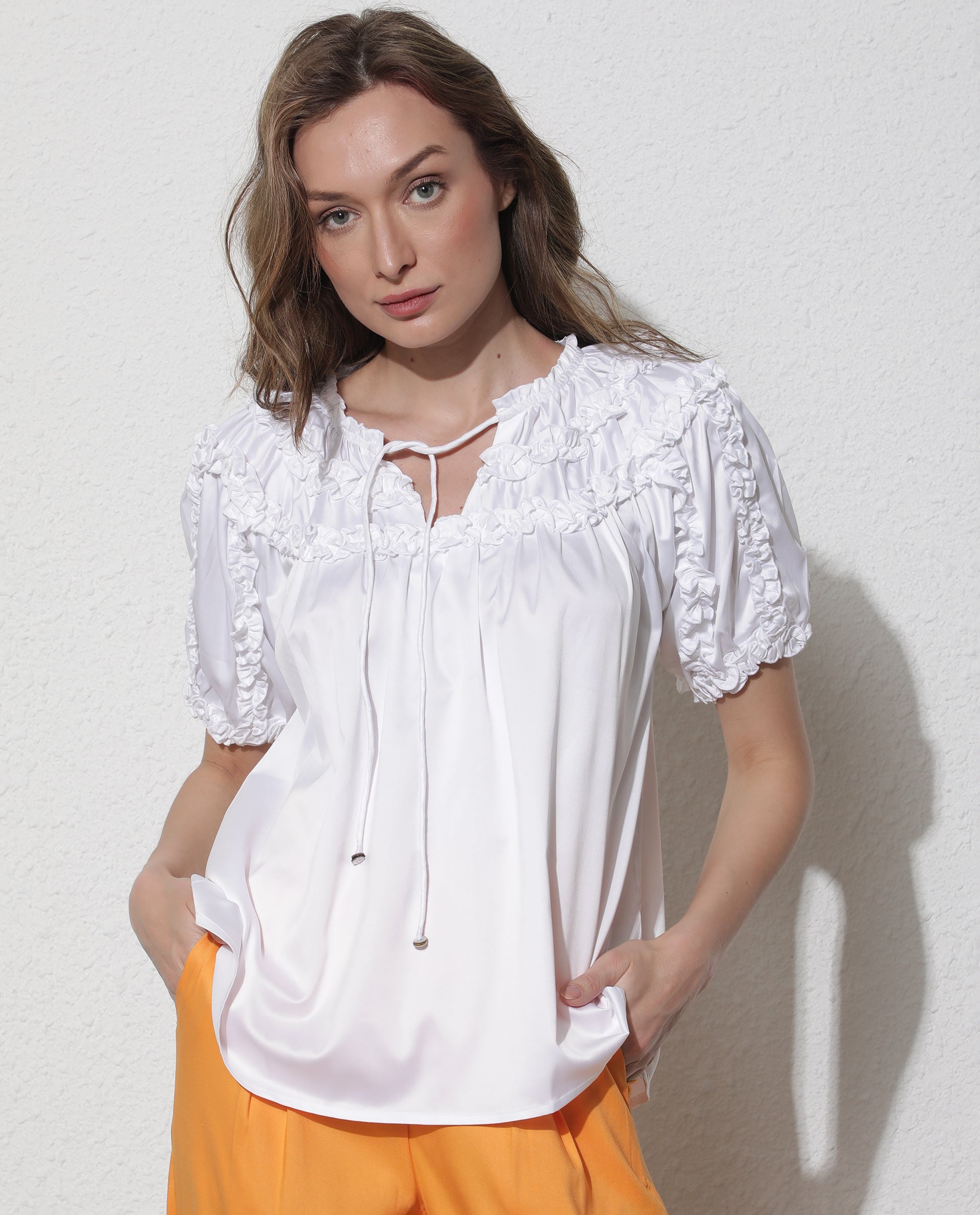 Women'S William White Polyester Fabric Short Sleeves Tie-Up Neck Puff Sleeve Regular Fit Plain Top