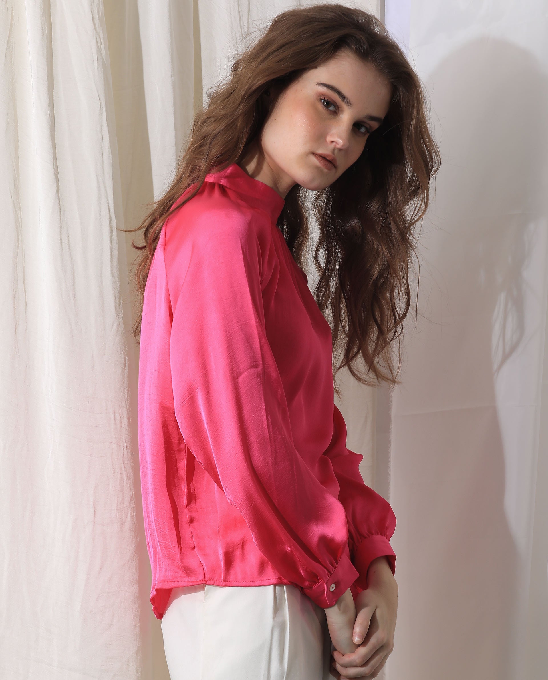 Women'S Kaylinn Fluorescent Pink Polyester Fabric Full Sleeves Button Closure High Neck Volume Sleeve Relaxed Fit Plain Top