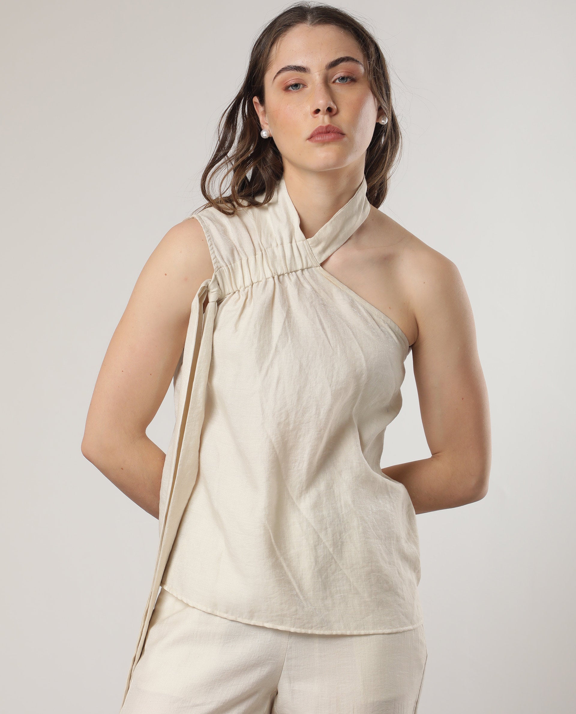 Women'S Urale Beige Rayon Nylon Fabric Slim Fit Halter Neck Off Shoulder Solid Top