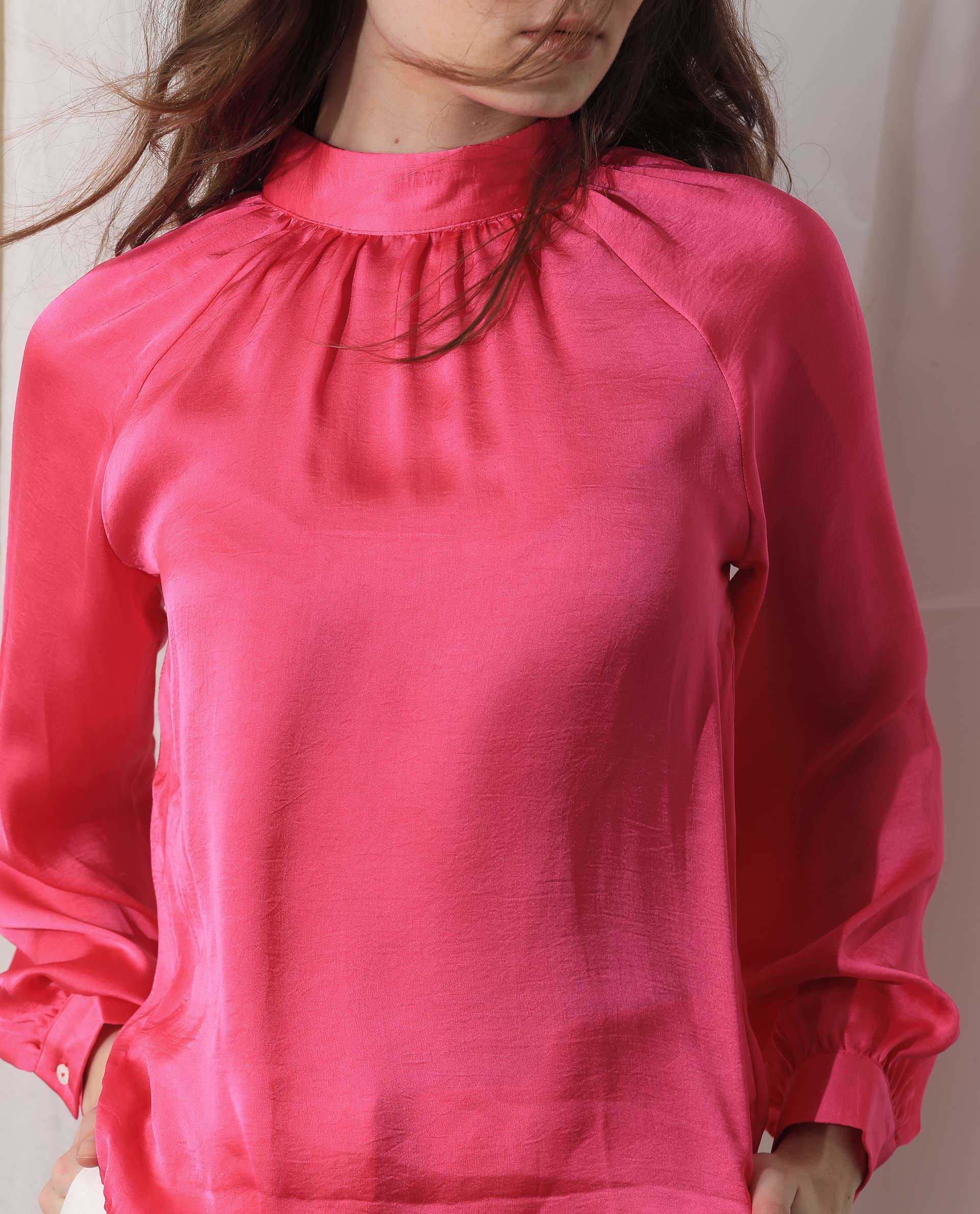 Women'S Kaylinn Fluorescent Pink Polyester Fabric Full Sleeves Button Closure High Neck Volume Sleeve Relaxed Fit Plain Top