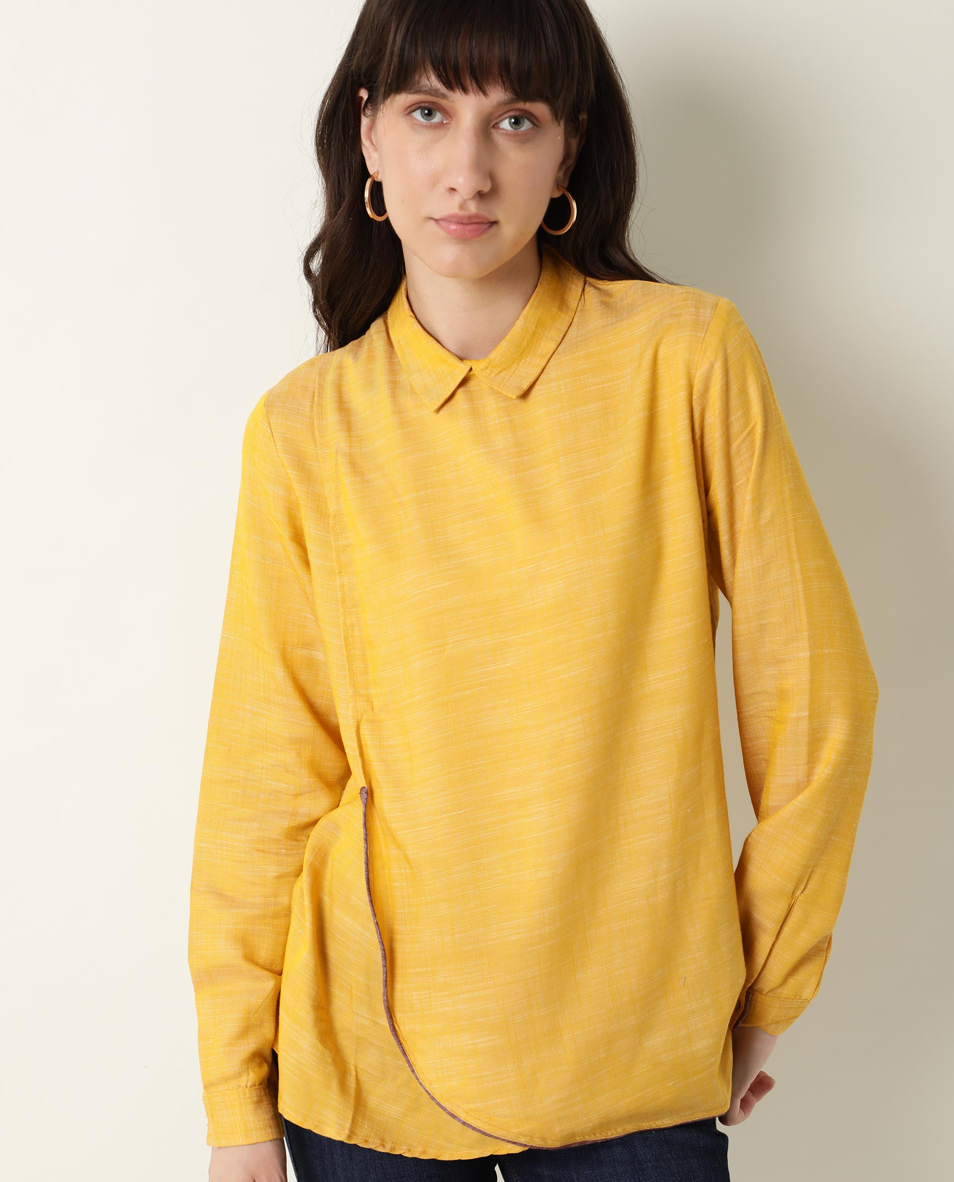 Womens Kara Yellow Top Polycotton Fabric Full Sleeves Collar Neck