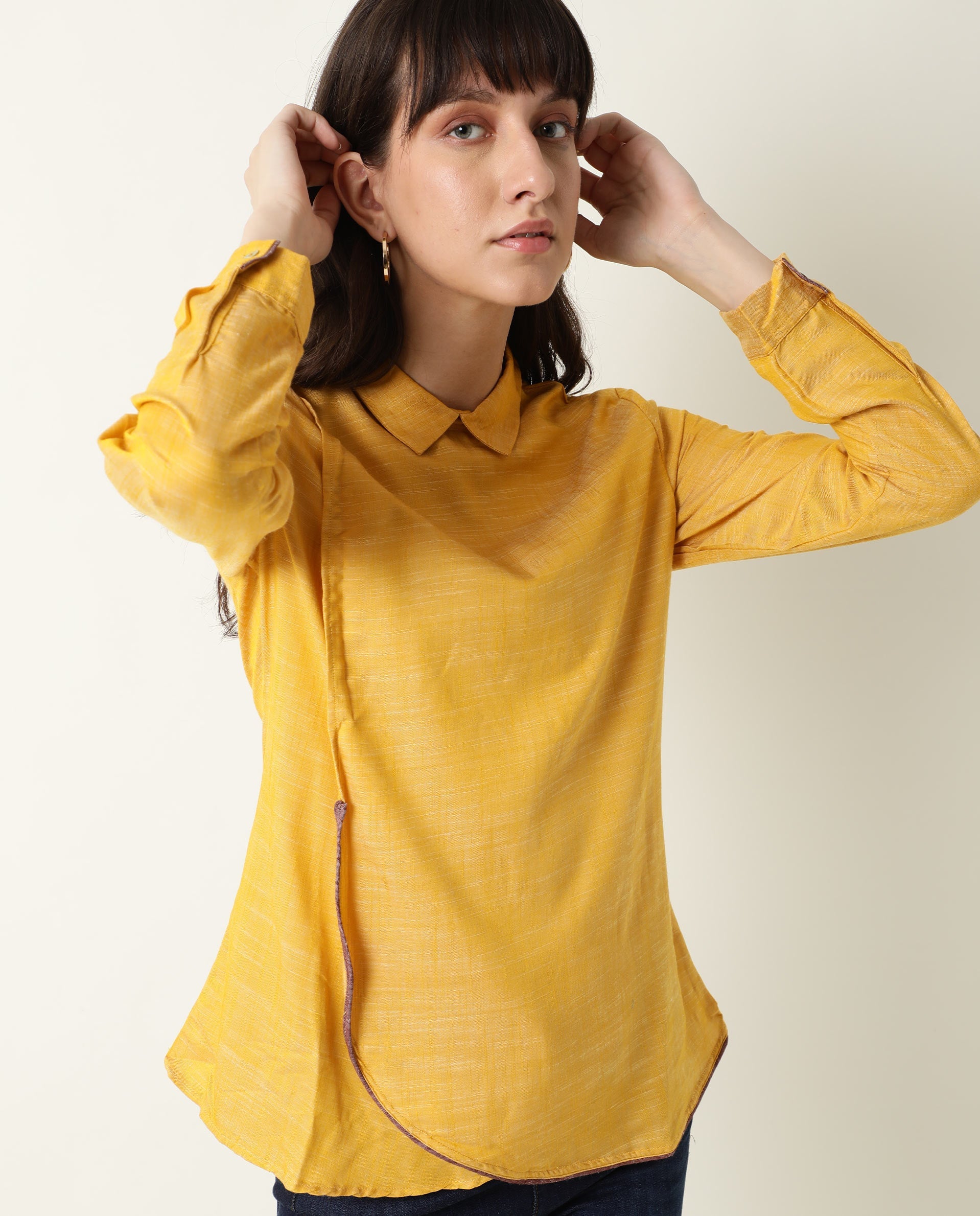 Womens Kara Yellow Top Polycotton Fabric Full Sleeves Collar Neck