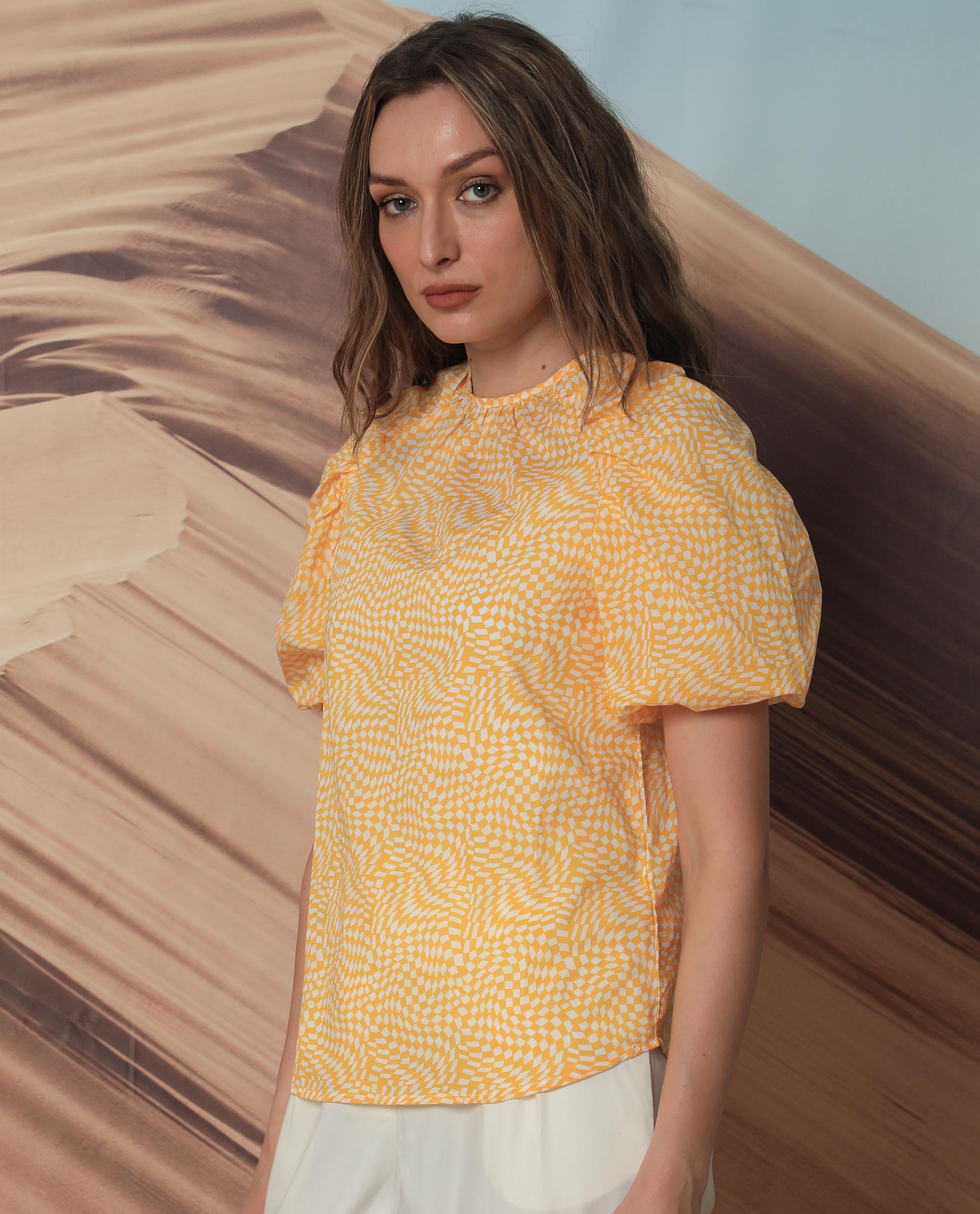 Women'S Bulbine Yellow Cotton Fabric Short Sleeves Round Neck Extended Sleeve Regular Fit Geometric Print Top