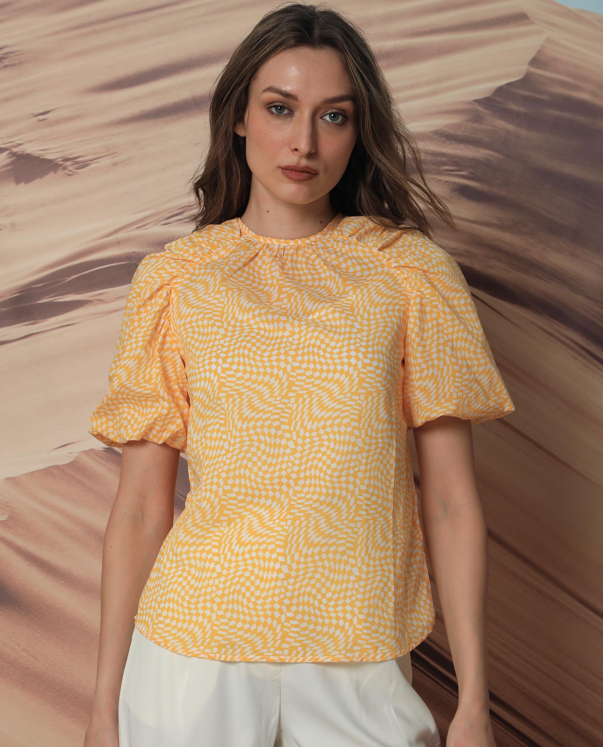 Women'S Bulbine Yellow Cotton Fabric Short Sleeves Round Neck Extended Sleeve Regular Fit Geometric Print Top