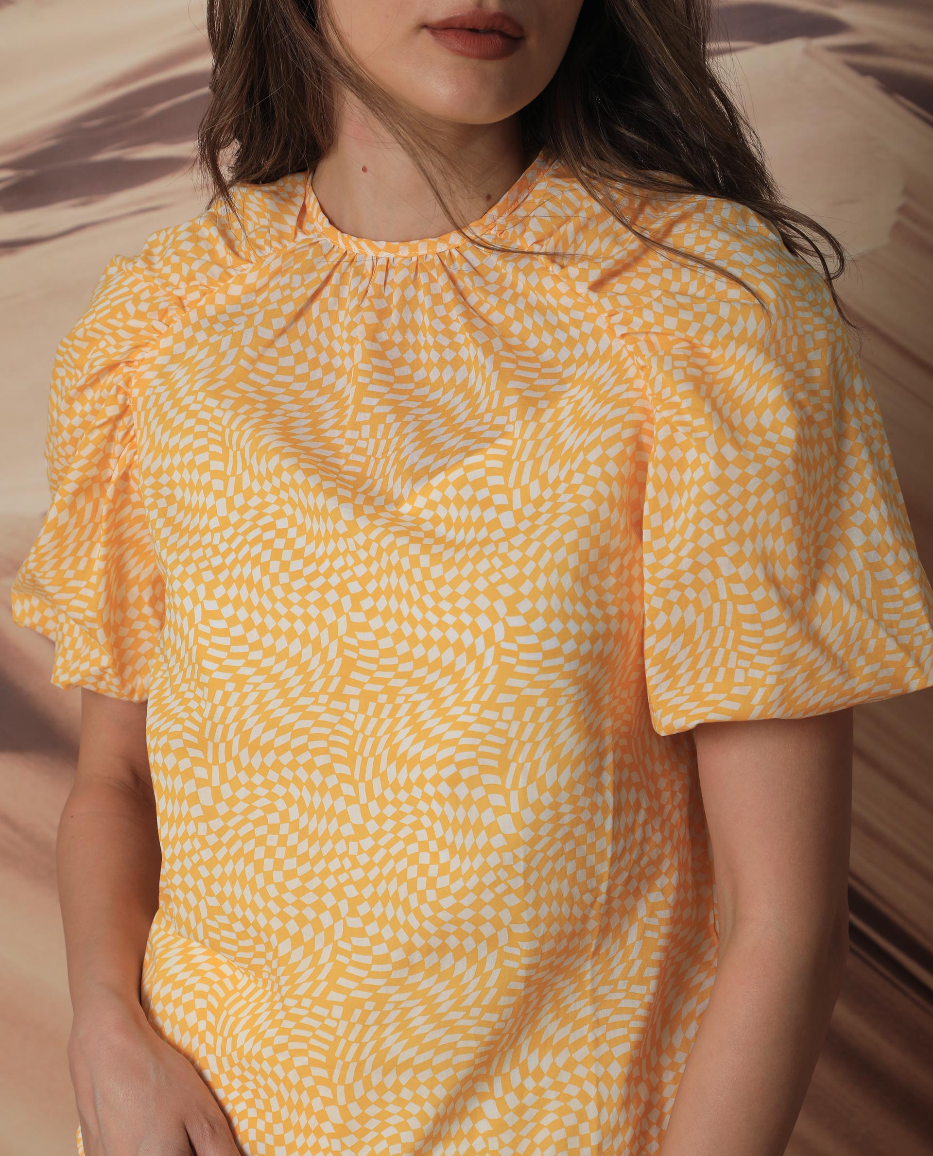 Women'S Bulbine Yellow Cotton Fabric Short Sleeves Round Neck Extended Sleeve Regular Fit Geometric Print Top