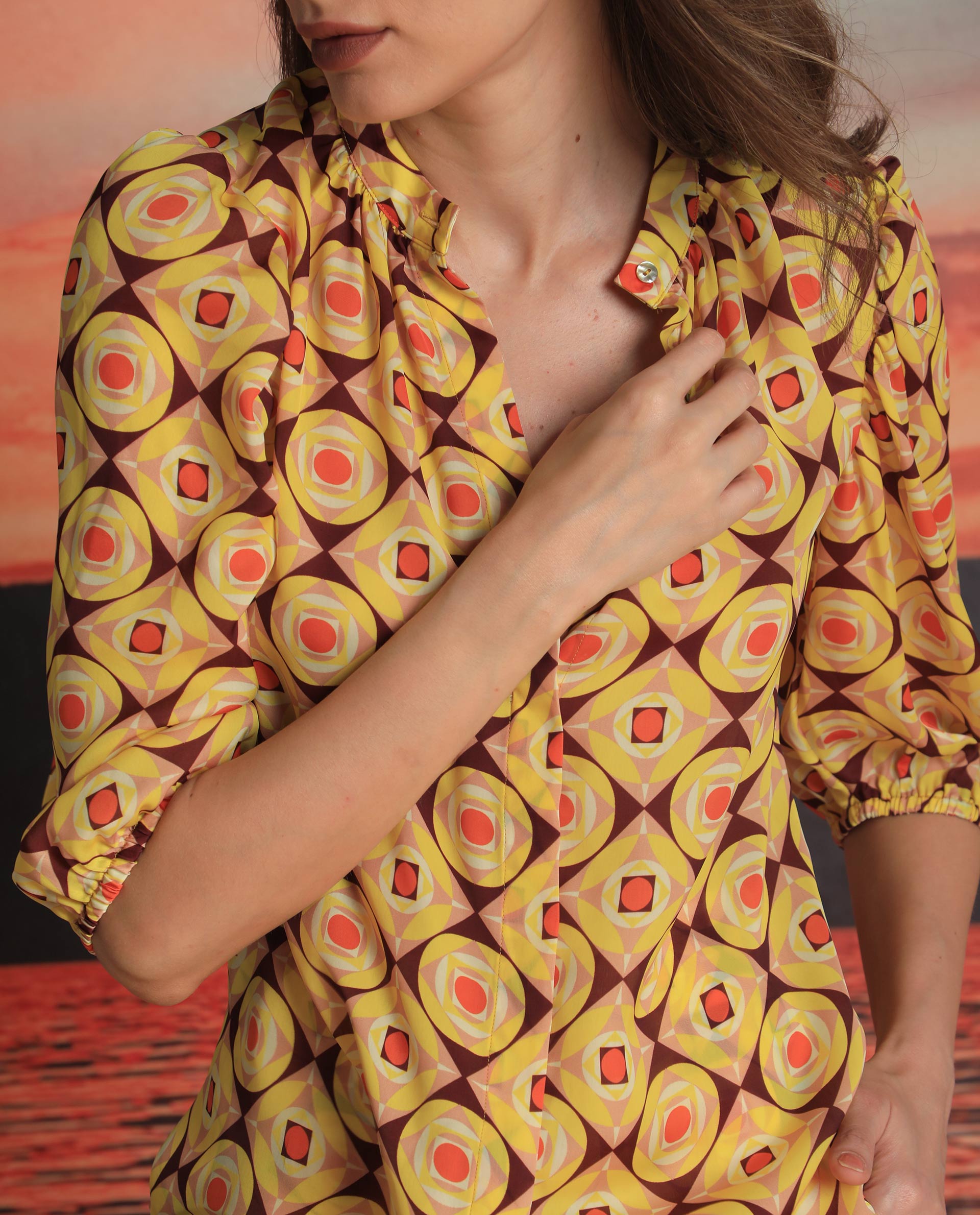 Women'S Mason Yellow Polyester Fabric 3/4Th Sleeves Mandarin Collar Balloon Sleeve Regular Fit Geometric Print Top